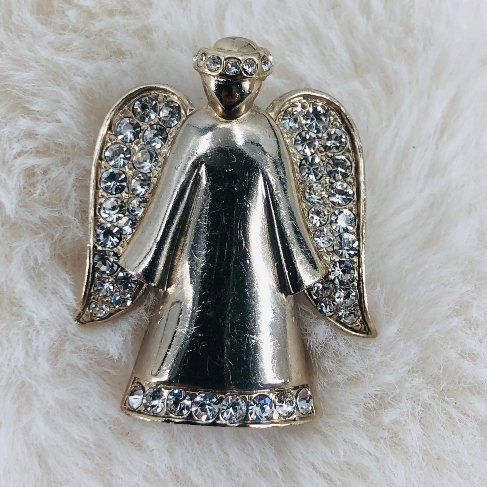 Vtg Monet Guardian Angel Silver Tone Brooch Pin w/ Rhinestone Accents