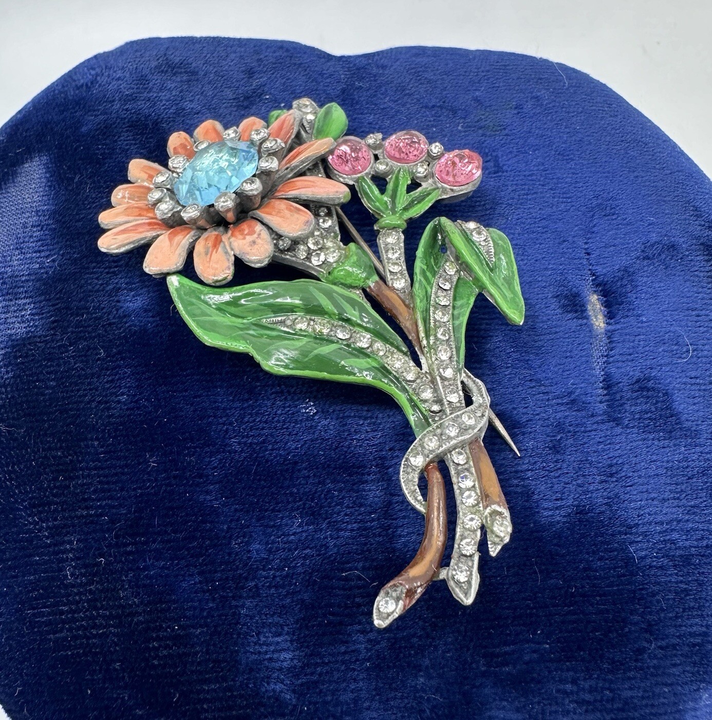 Vintage Art Deco Enamel Flower Brooch Trifari / Coro Style Pot Metal Spray Pin