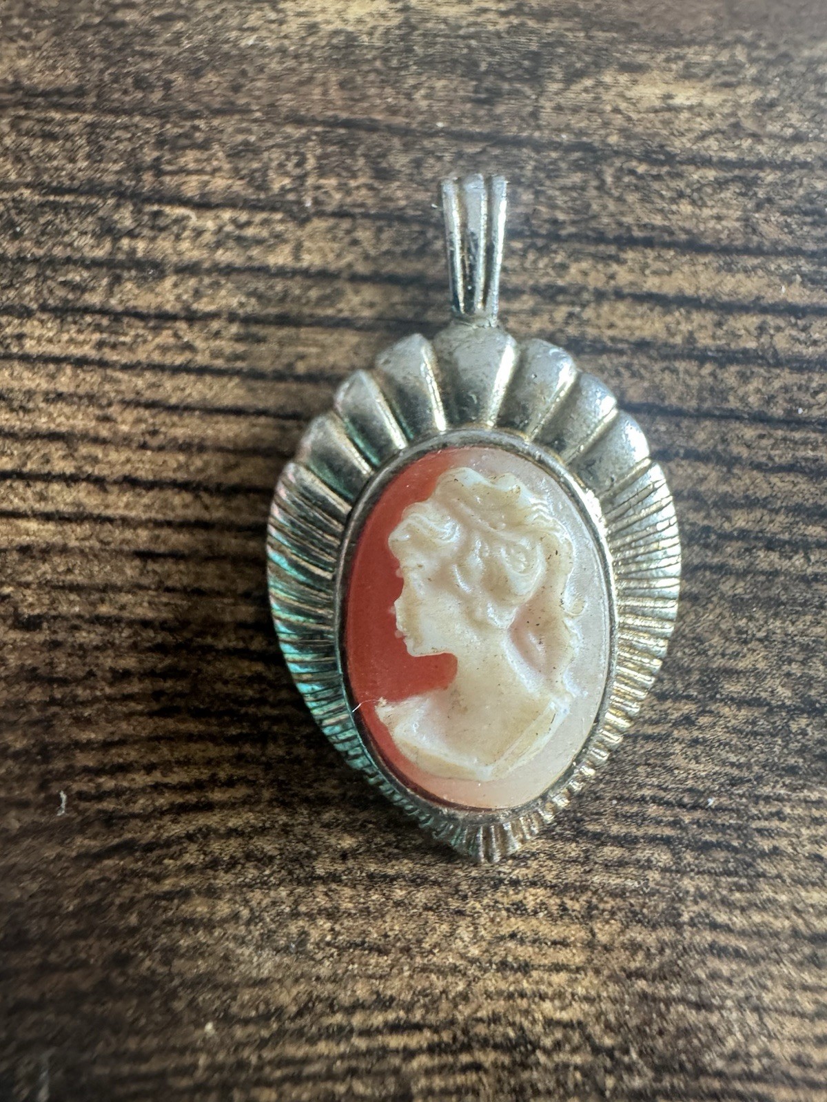 VINTAGE CAMEO LADY Gold Tone Orange & Cream Colored Carved Pendant For Necklace