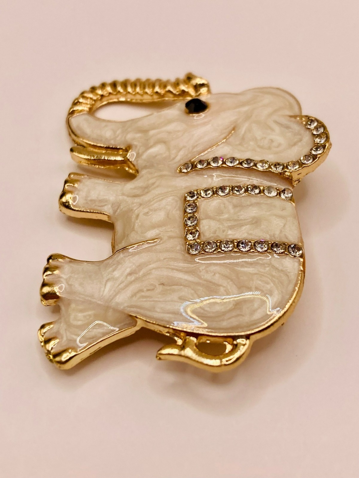 Gold-Tone Elephant Brooch Pin Rhinestones & White Enamel Finish -13B