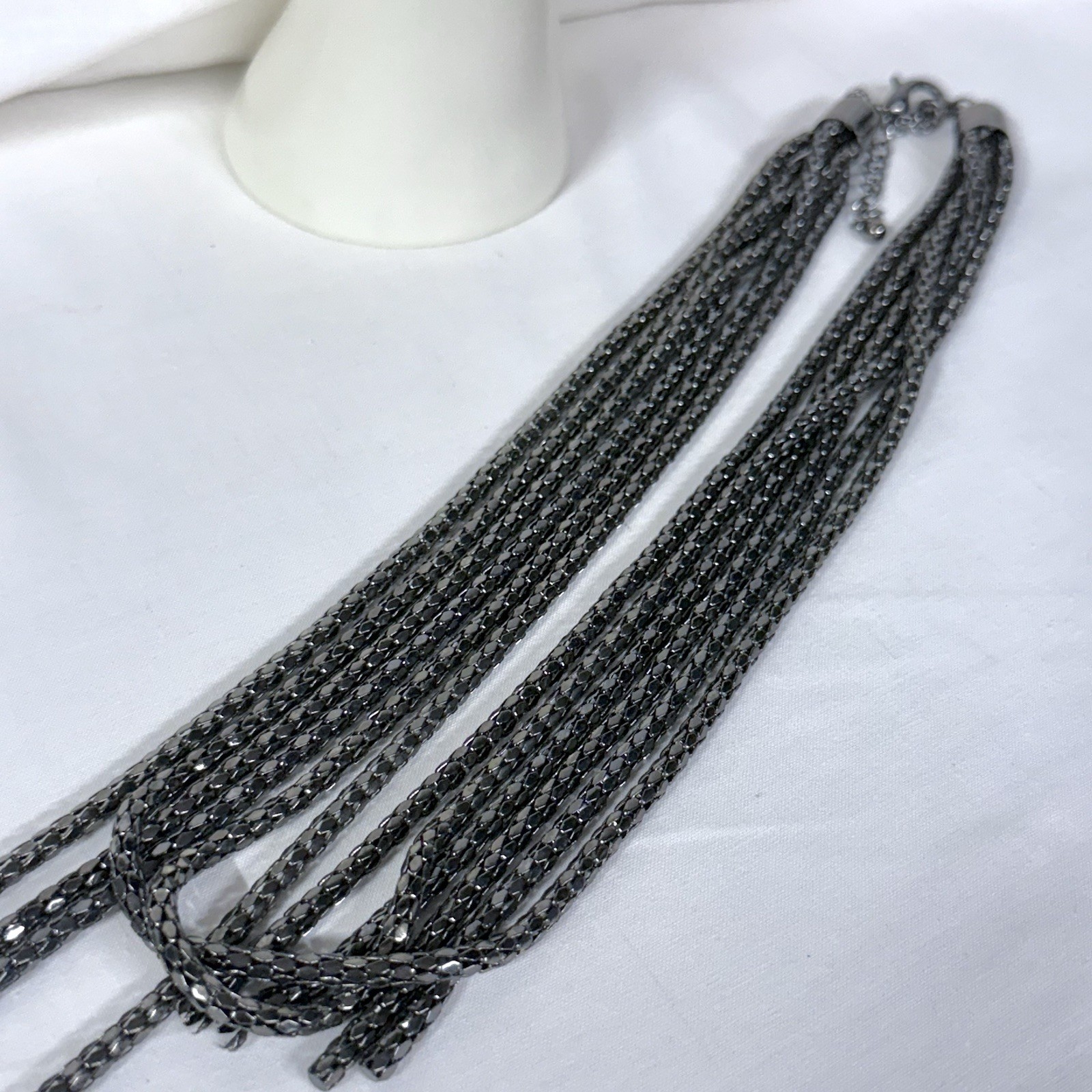 Vintage Gothic Punk Gunmetal Crystal Multistrand Station Statement Necklace 90s