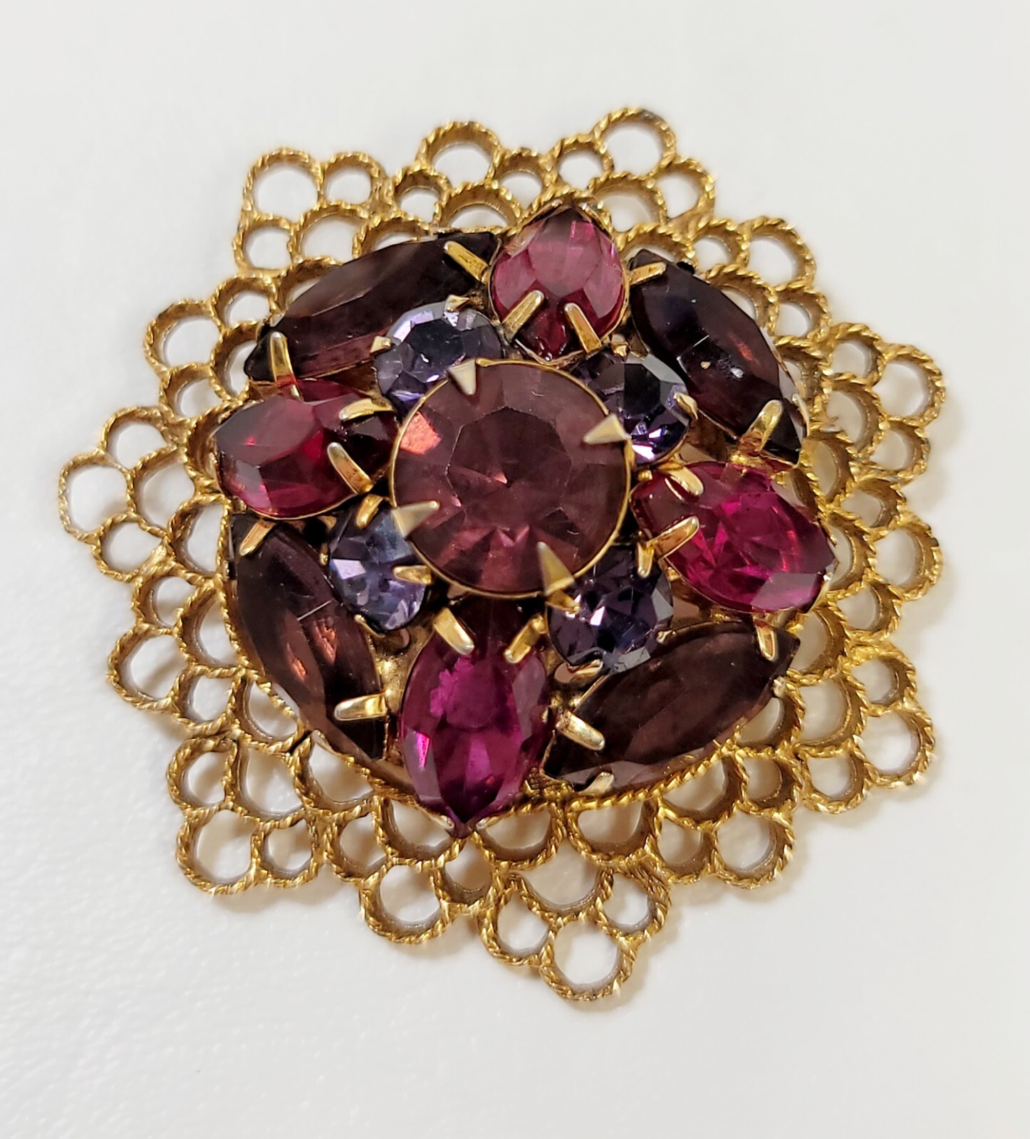 Vintage Fuschia Pink Purple Red Rhinestone Brooch & Earrings Floral Filigree