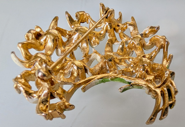 Vintage Floral Enamel Bouquet Design Brooch Lavender Rhinestones Gold Tone