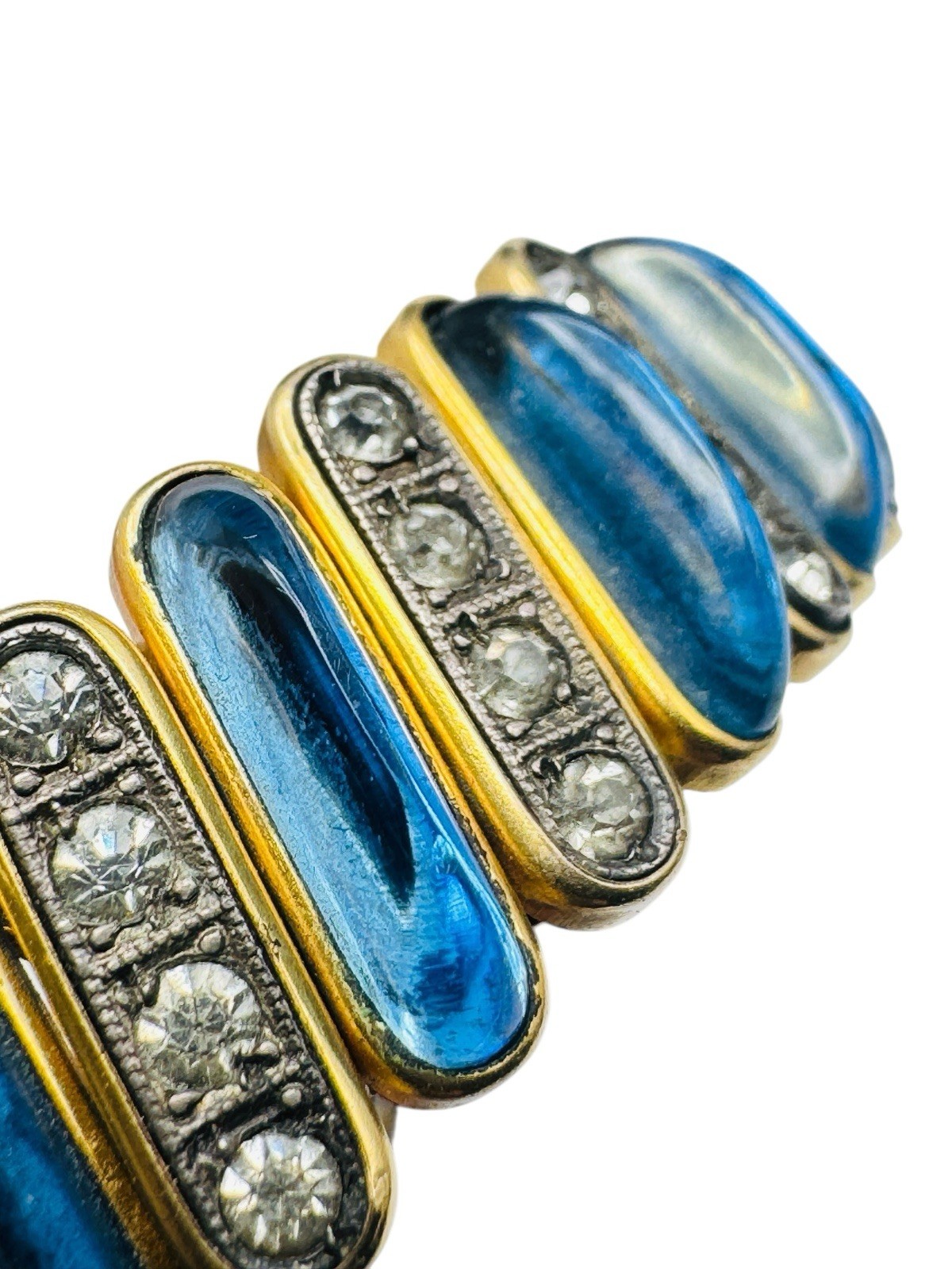 Vintage Blue Glass Cabochon Expansion Bracelet Rhinestones Nice DFB Co