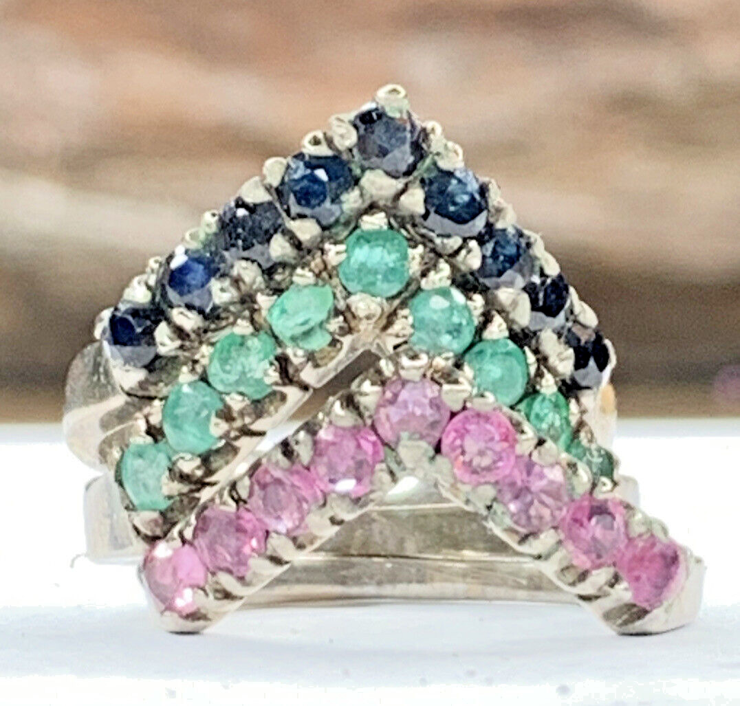 VTG Nikolas Sterling 925 Emerald Ruby Sapphire Chevron V Stackable Rings SZ 6