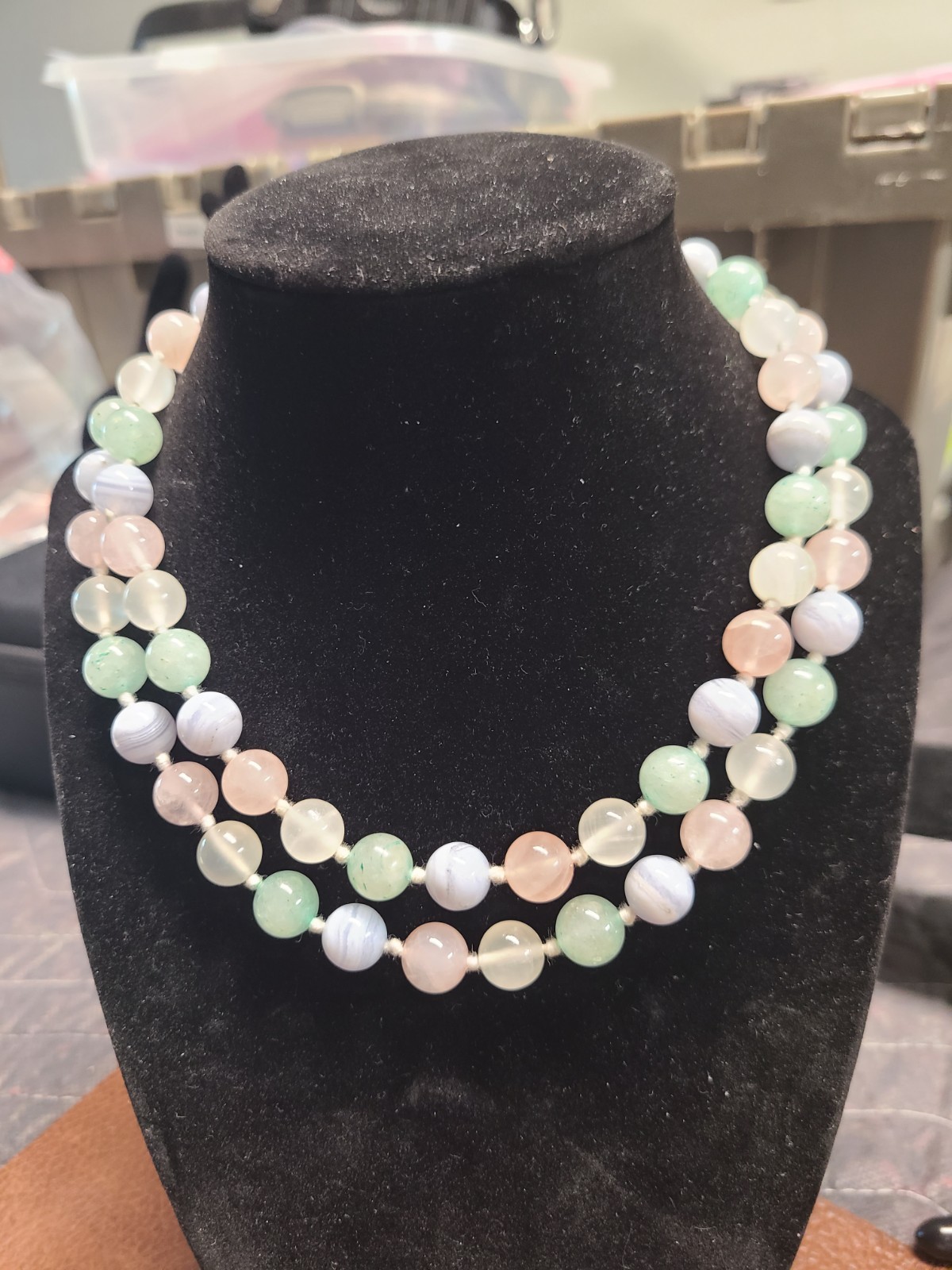 Vintage Jadeite Jade Bead Necklace 32” Knotted Pastel Colors 10mm 97.5g