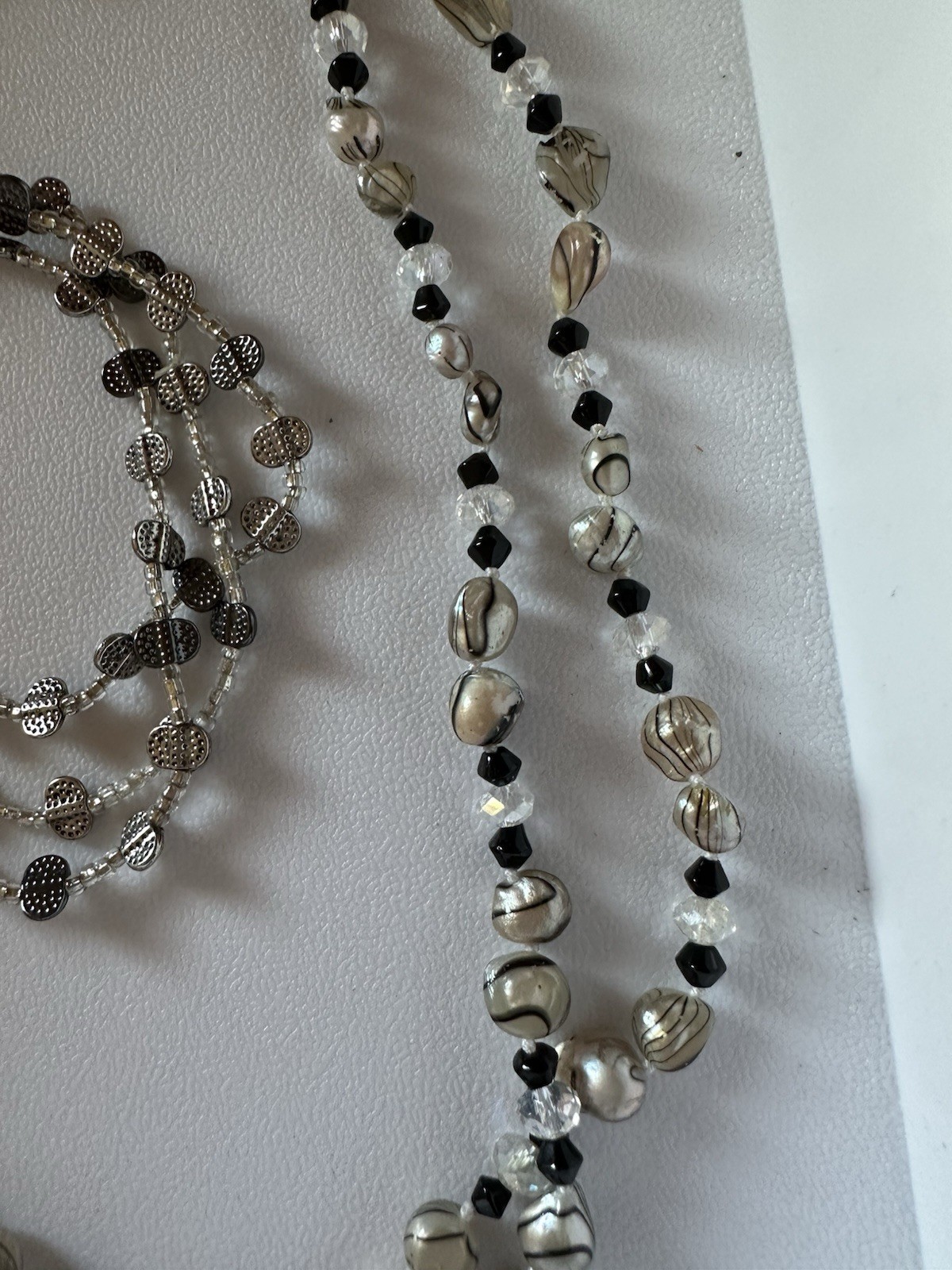 Vintage Black And Silver Glass Beaded Necklace 58” And 4 Stretch Bracelets