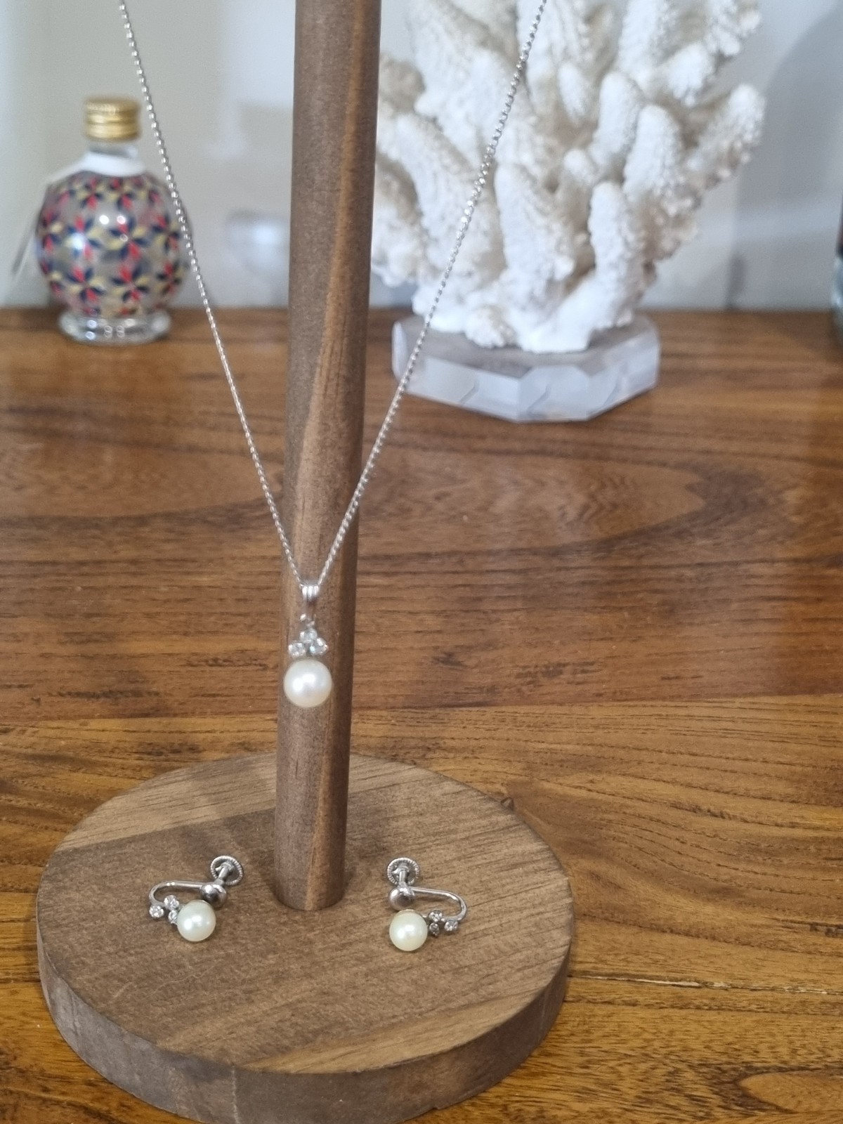 Vintage 12k White Gold Filled Cultured Pearl Topaz Pendant Earring Set See Video