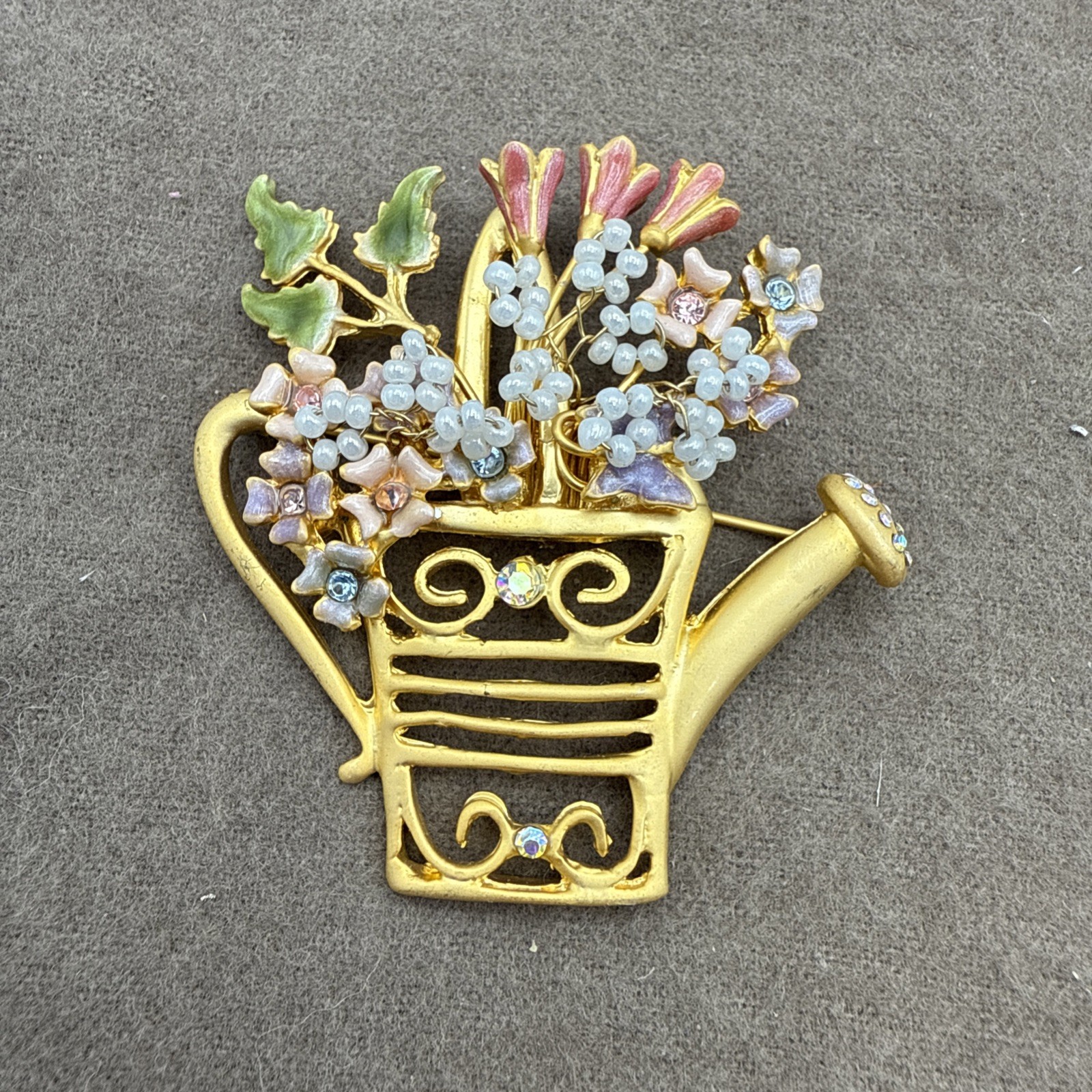 VTG Spring Watering Can Brooch Flowers Gardening Gardener Rhinestones & Enamel