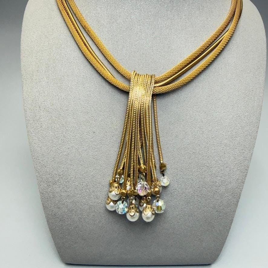 Vintage Gold Tone Mesh Chain Necklace Tassel Crystals 17″ Statement Adjustable