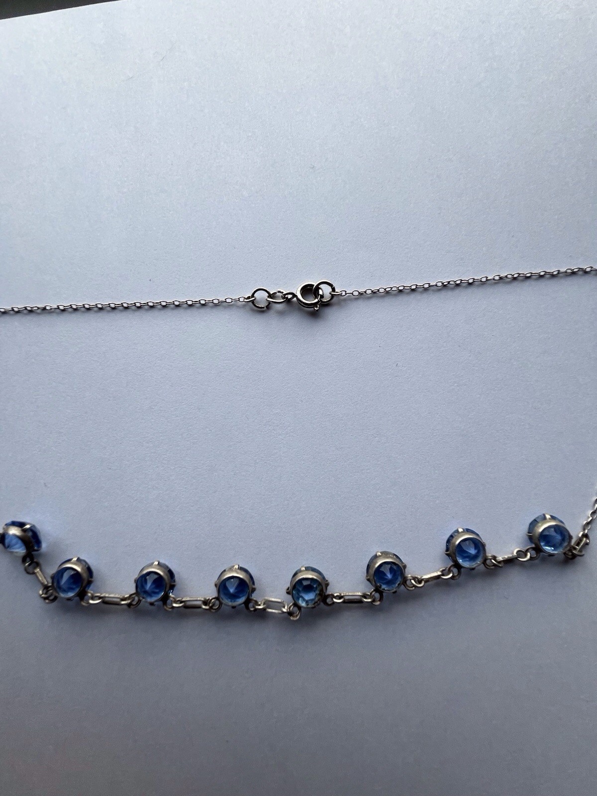 Antique Art Deco Sterling Silver Bezel Set Blue Crystal Necklace 17 Inches