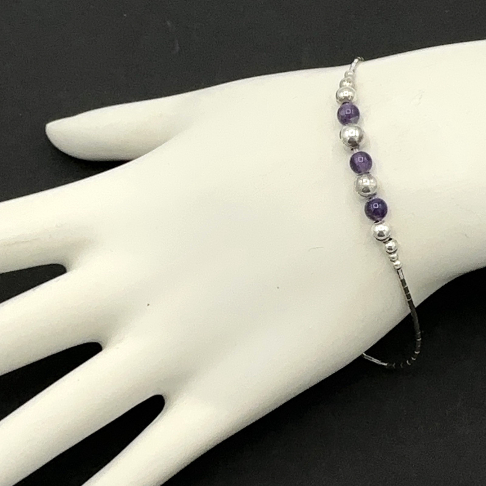 AMETHYST bead bracelet – sterling silver artisan-made liquid silver barrel clasp