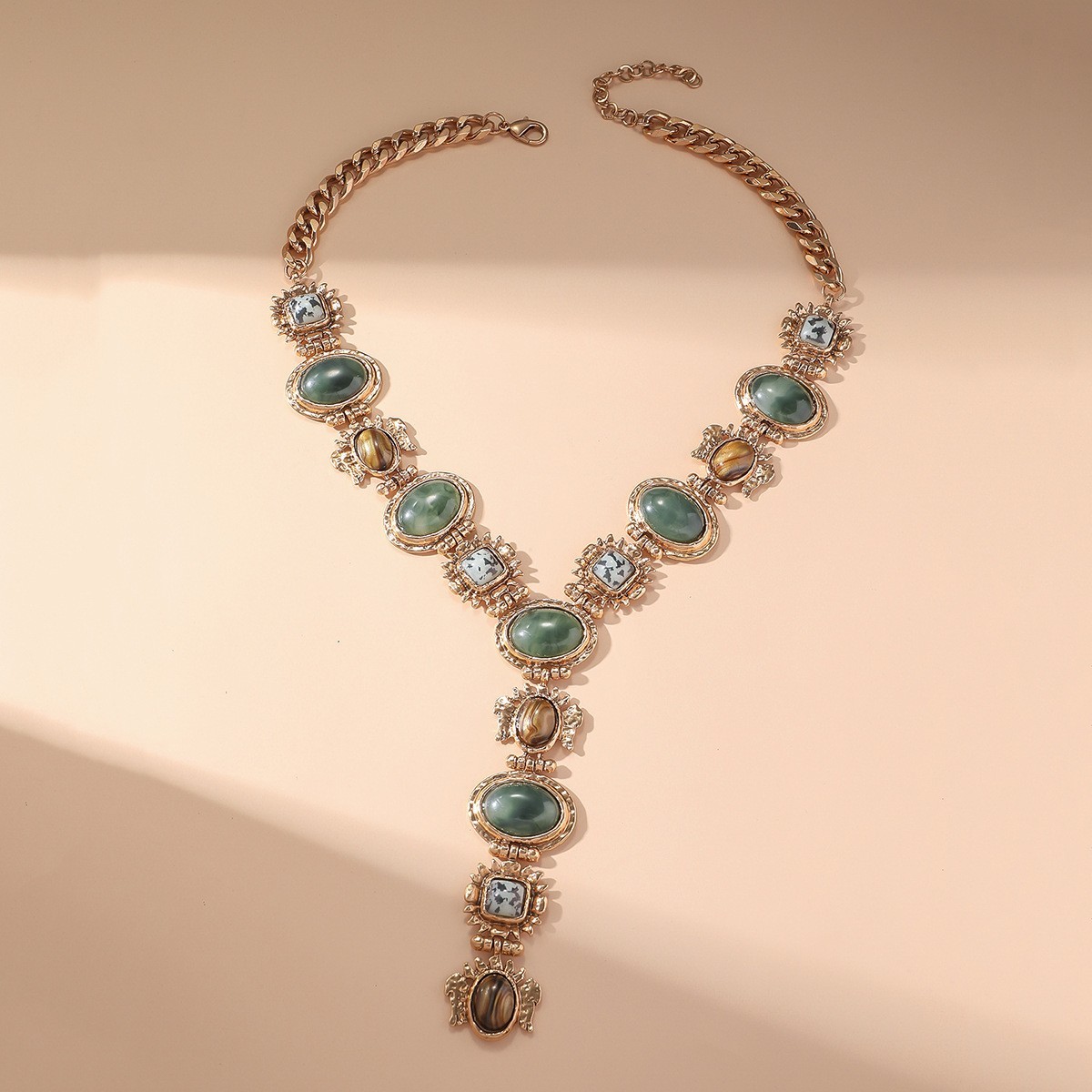Vintage Glam Green stone Tiger Eye Choker Gold Victorian Statement Necklace gift