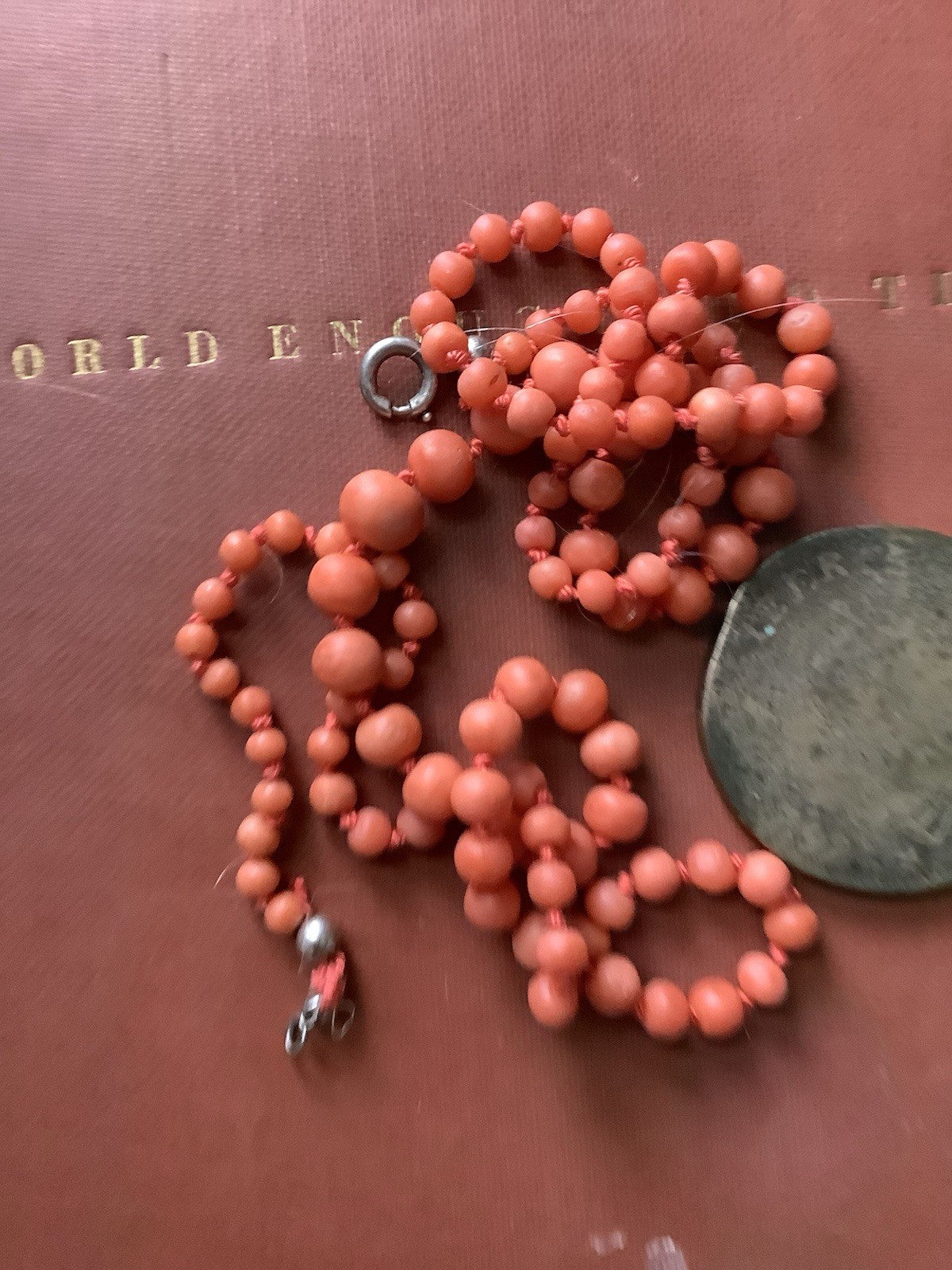 Antique Georgian Victorian Graduated Coral Bead Necklace Silver Clasp Knotted