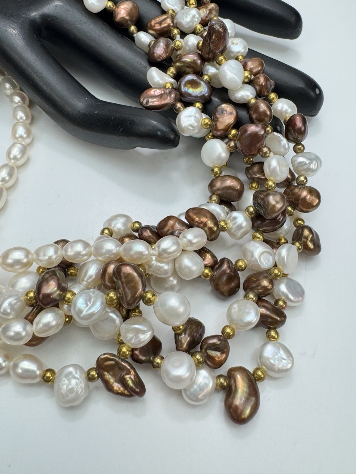 Stunning Freshwater Pearl Necklace White & Chocolate Baroque Rose Quartz Clasp