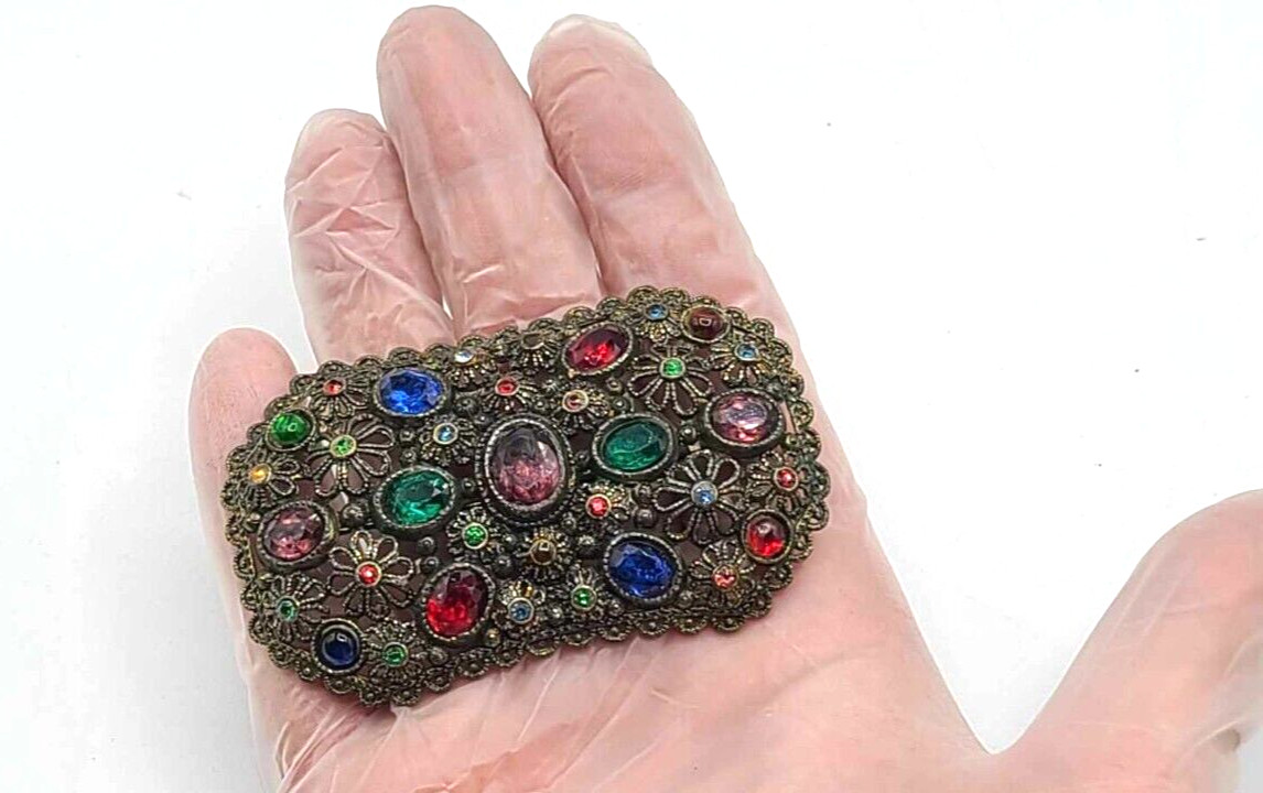 Vtg 1940s New England Glass Works Brooch Pin Floral Design Faceted Stones ~3″L