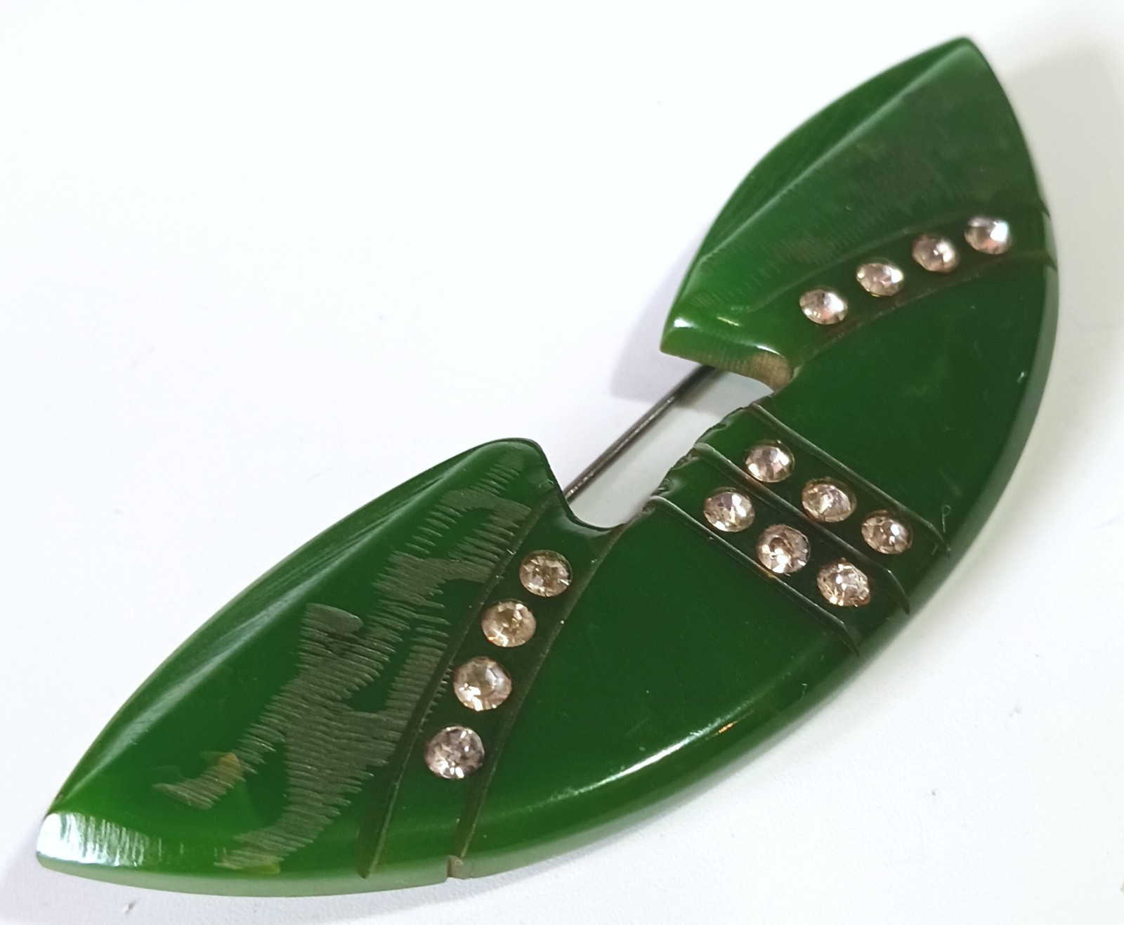 Vintage Art Deco Dark Green Bakelite Brooch w/ White Rhinestone Lines