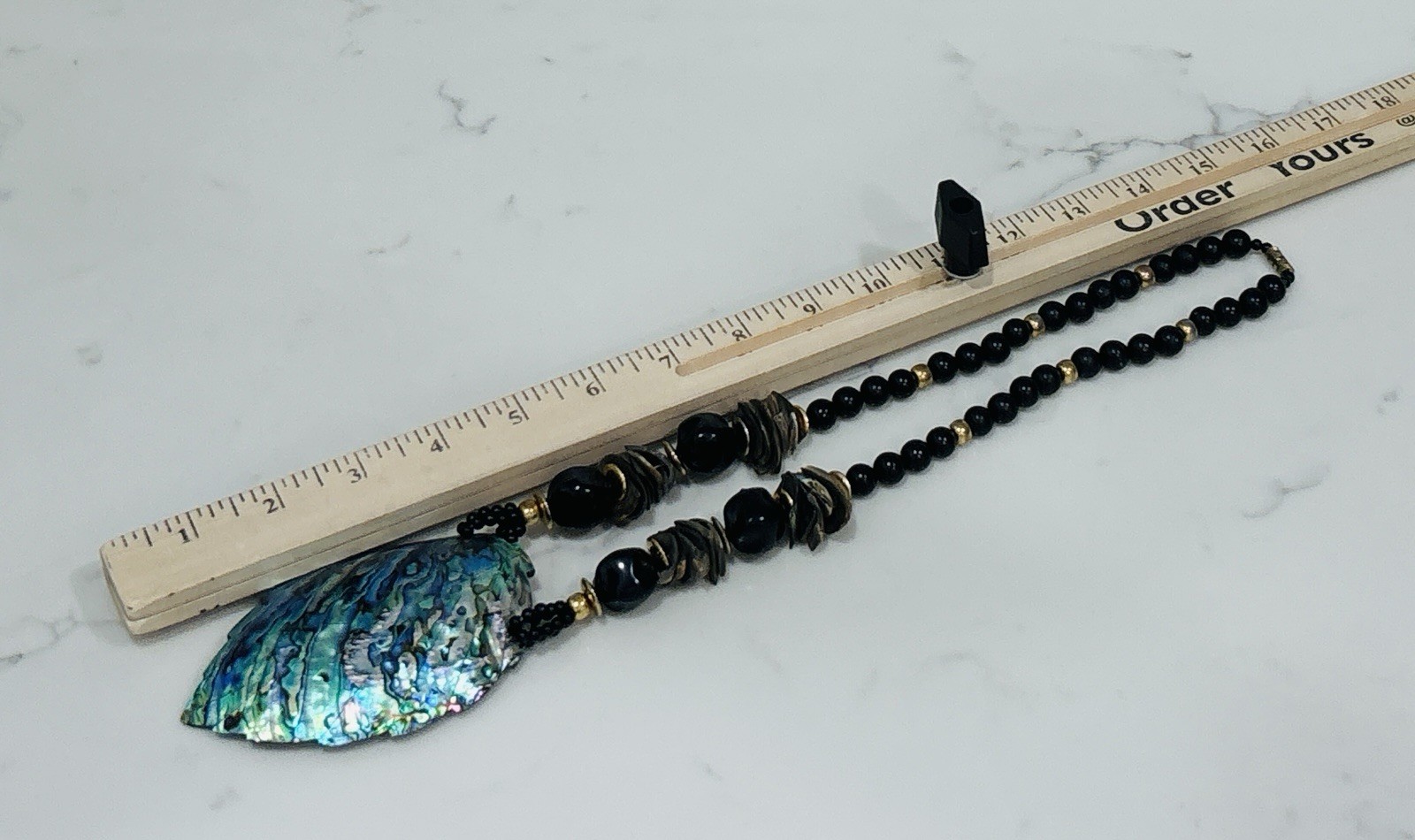 Vintage Beaded Statement Necklace Carved Abalone Shell Leaf Boho Black 80s 90s