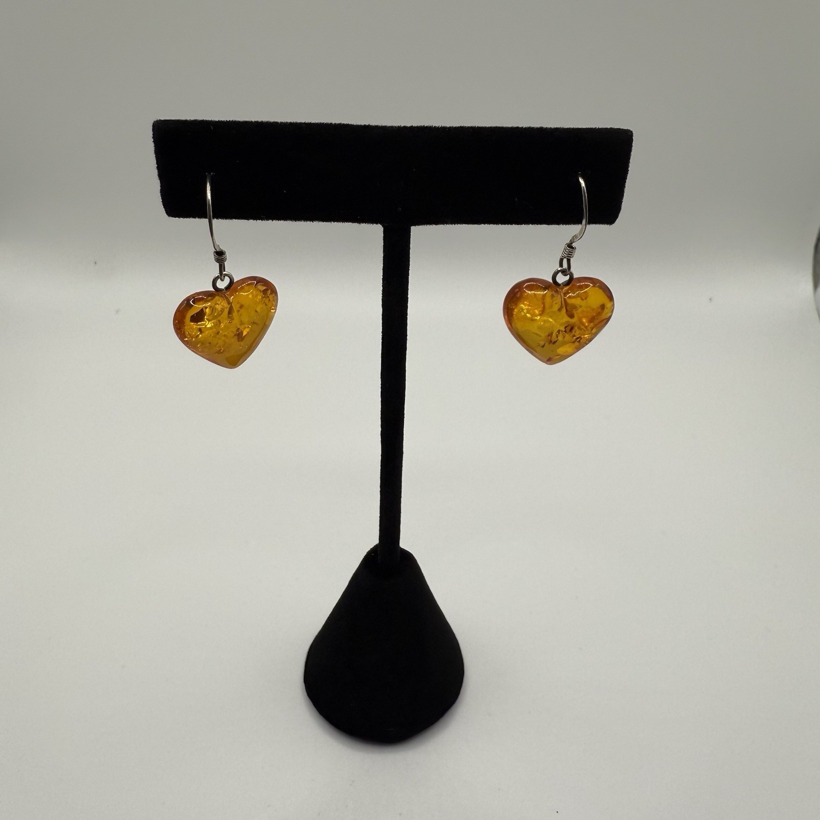 Vintage Faux Amber Resin Lucite Heart Drop Dangle Earrings 925 Sterling Silver