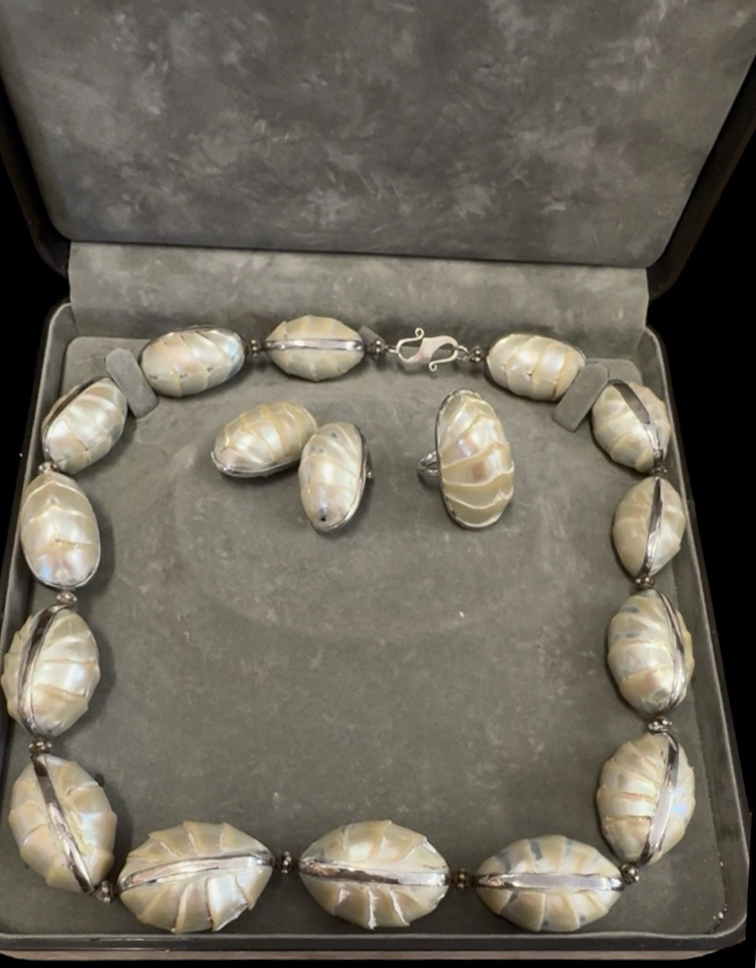 Vintage Natural Ridged Nautilus Shell Jewelry Set In Sterling Silver-Estate