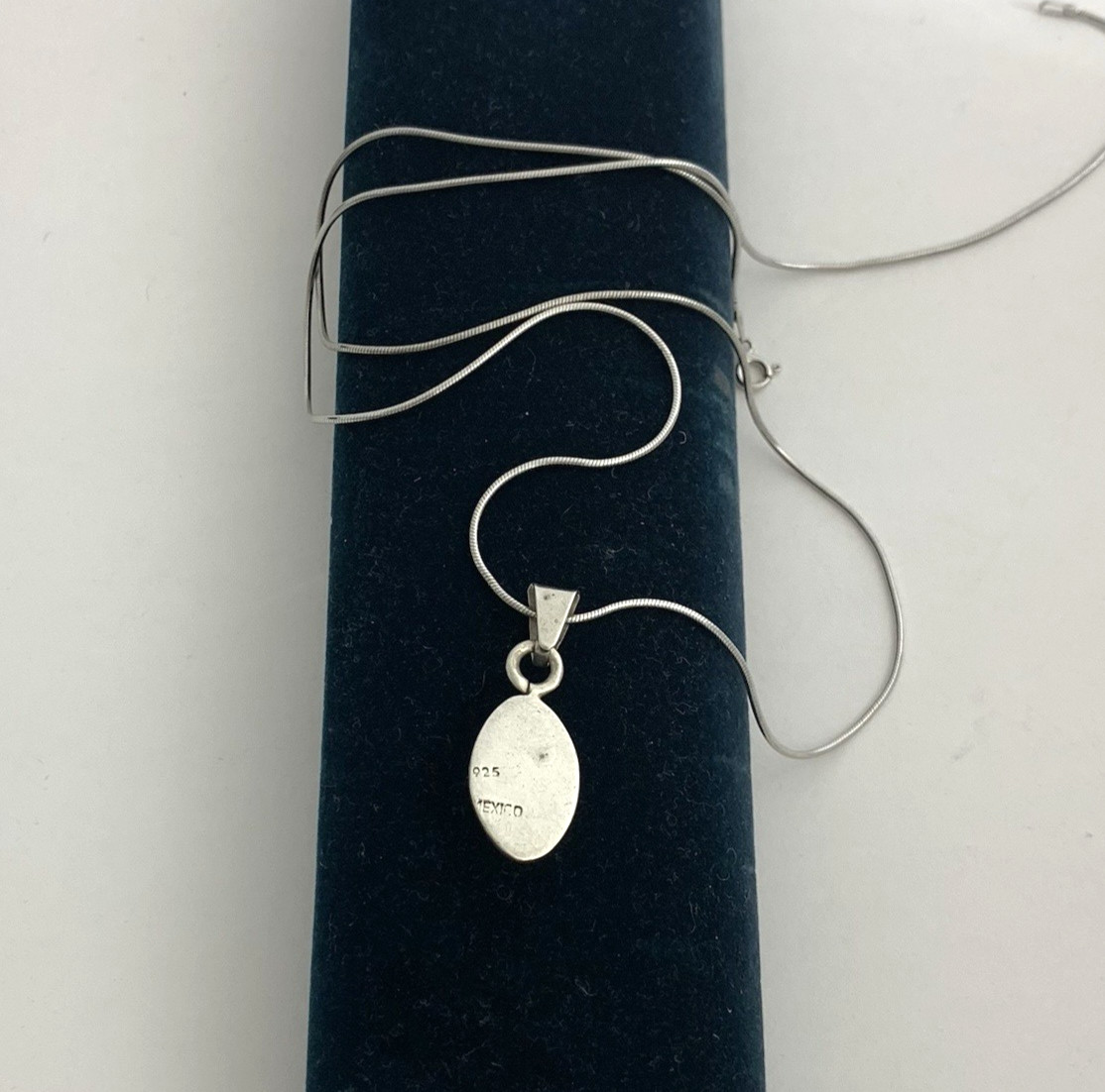 Vintage Mexico 925 Sterling Silver Necklace Blue Turquoise Inlay Pendant