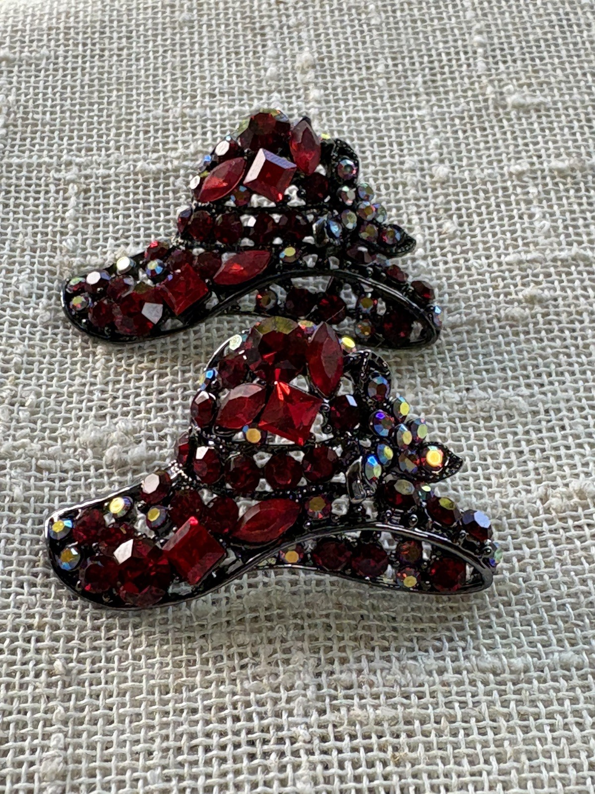 Vintage Red Iridescent Rhinestone Open Work Hat Brooch Pin Lot of 2 RHS Lovely