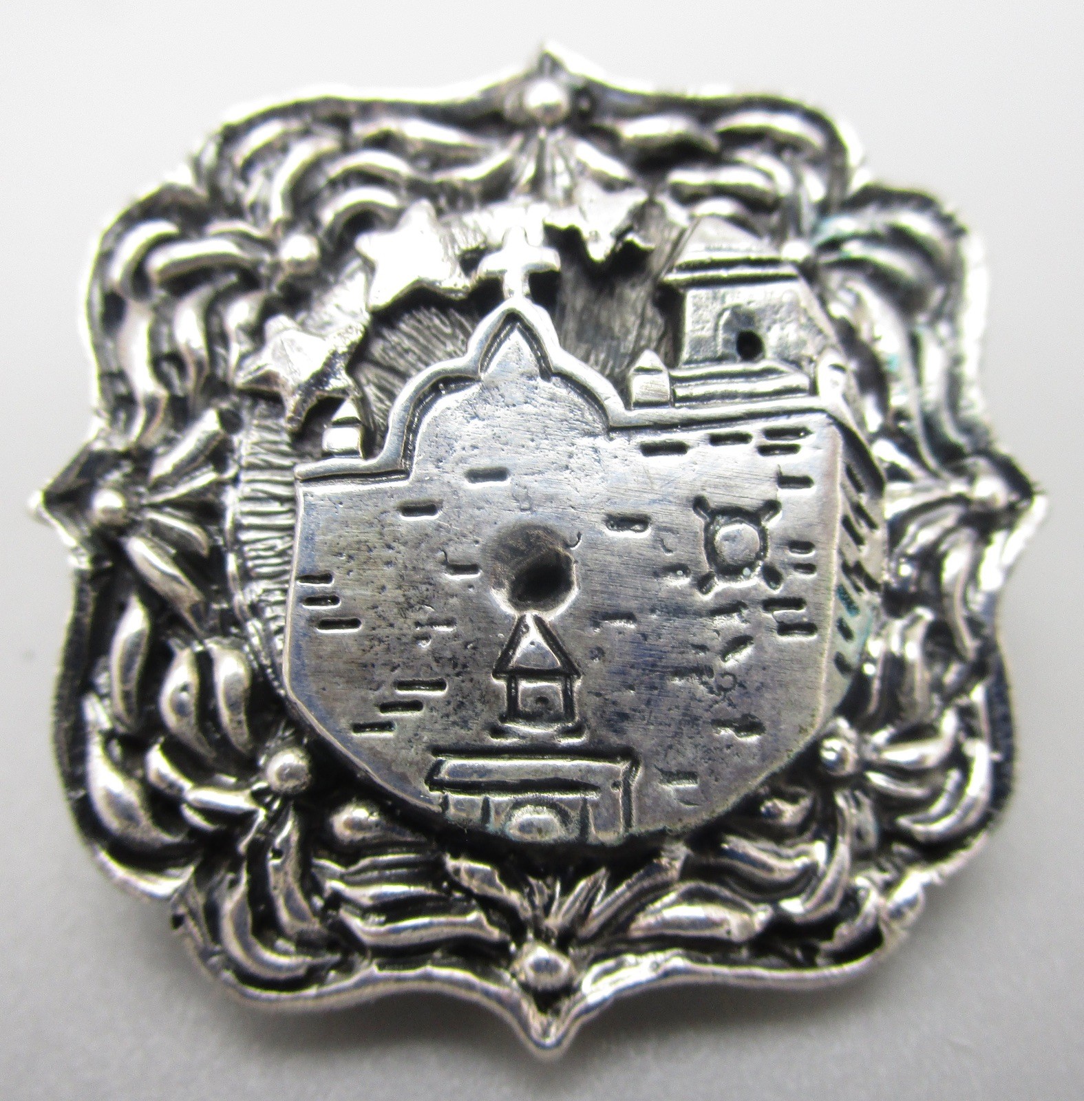DIAN MALOUF STERLING 1″ MISSION CHURCH PENDANT WITH ORNATE BORDER 