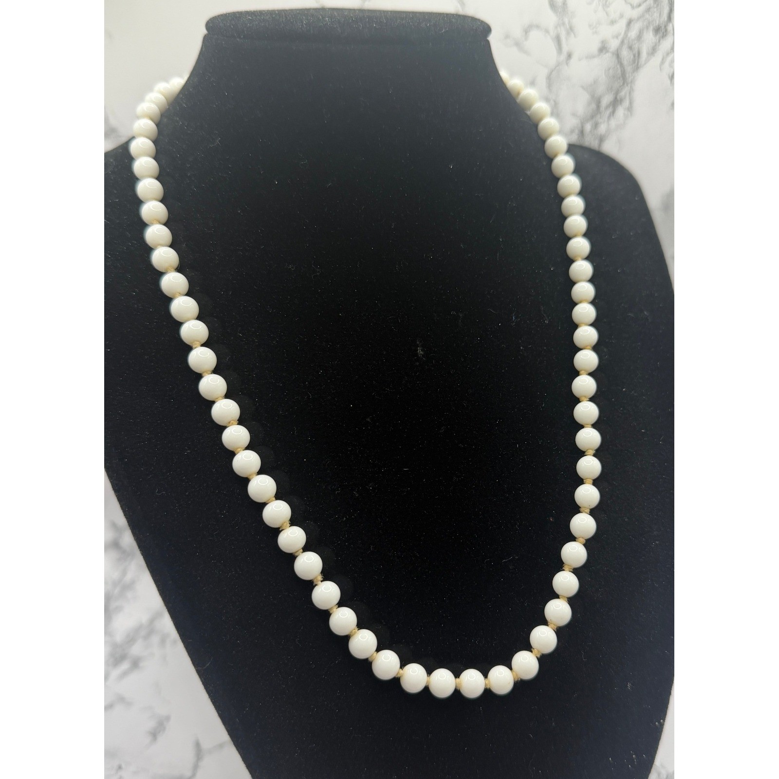 Monet White Glass Bead Necklace 18″ Hand Knotted 5.3mm Signed