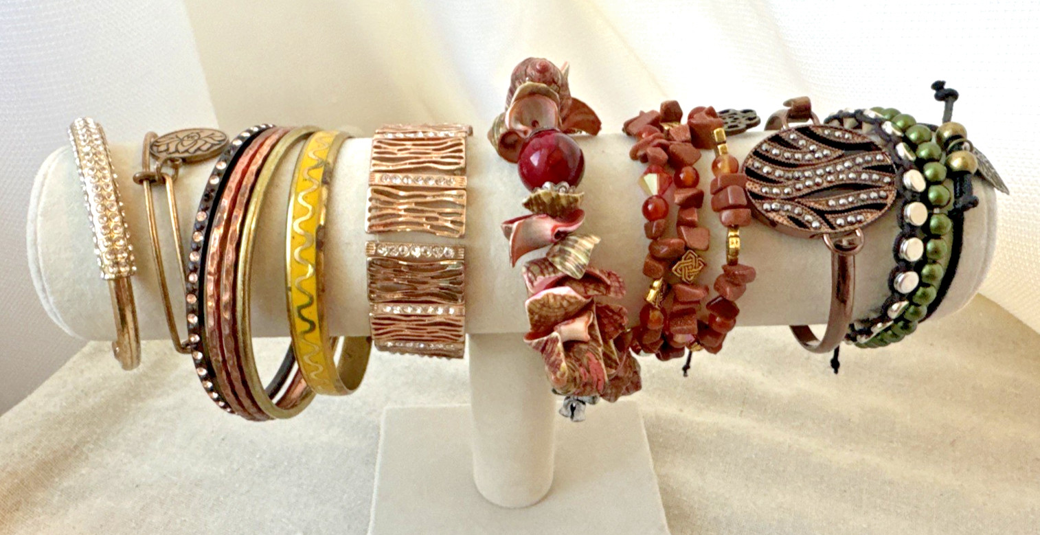 14 Bracelets earthtones glass beads shell textured Goldstone Lot boho 90s hippie