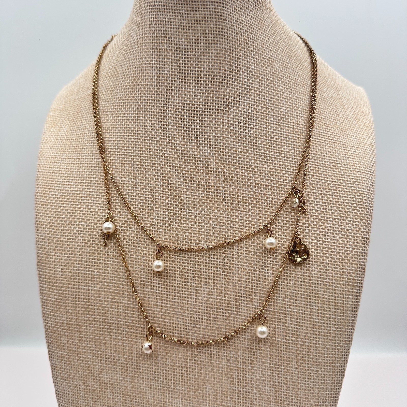 Vintage 90s Gold Tone Double Layer Chain Pearl Charm Station Necklace Jewelry