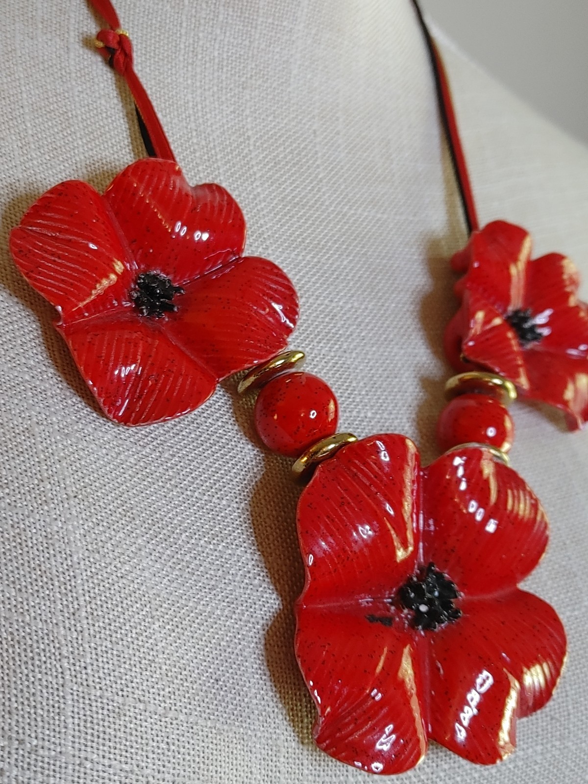 Vintage Y2K Red Enamel Poppy Necklace Ribbon Tie Back Wearable Artsy Statement