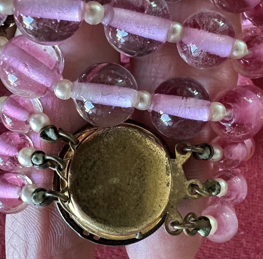 Early Miriam Haskell 3 Strand Pink Glass Festoon Necklace Faux Pearl Rose Monteé