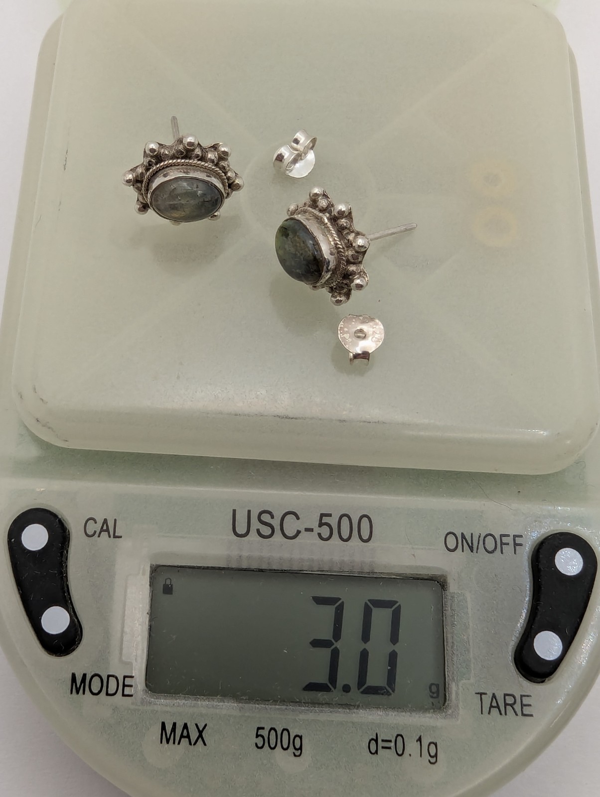 925 STERLING SILVER With LABRADORITE STONE POST / STUD EARRINGS. 17.5mm Long