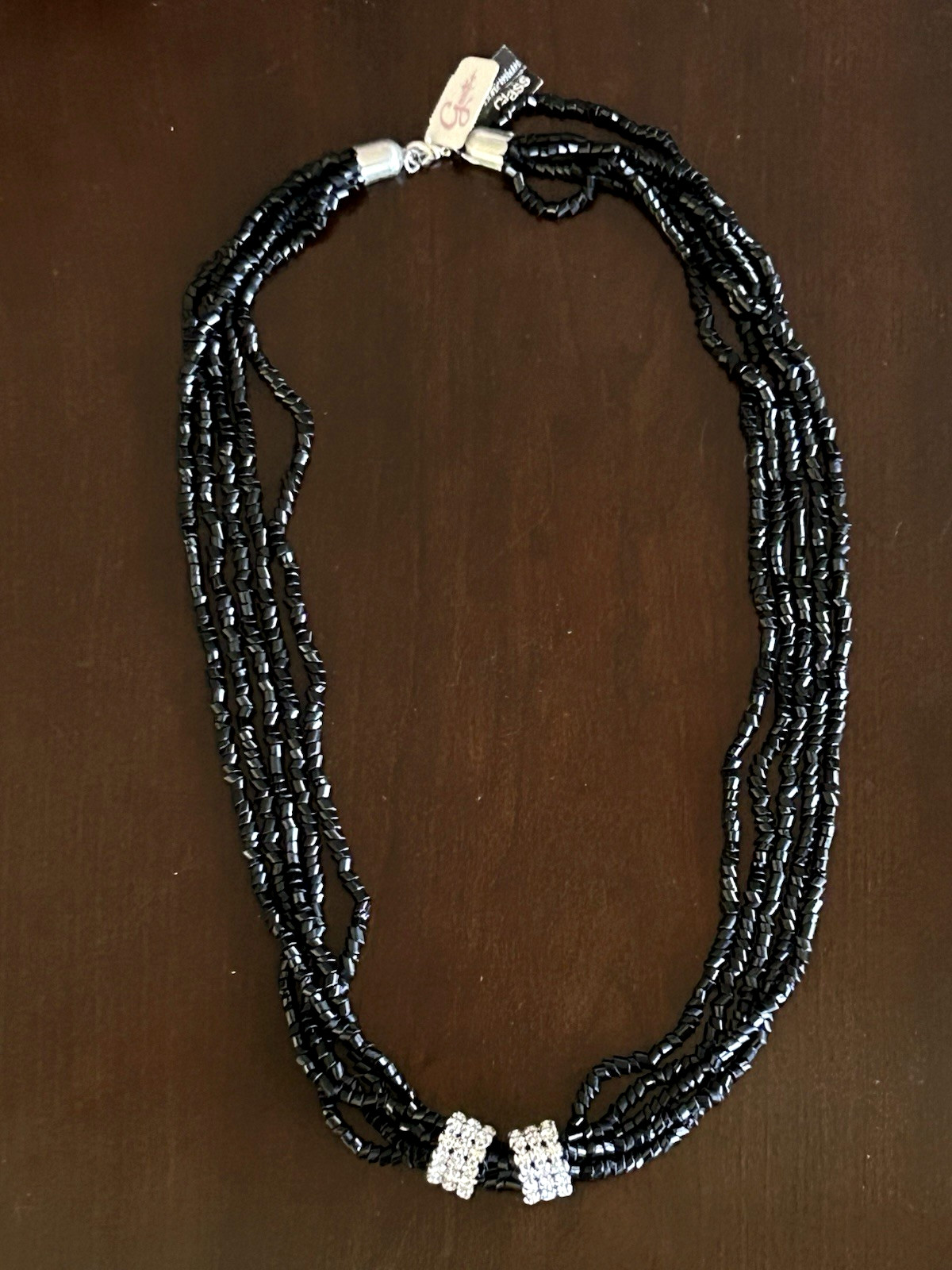 Vintage Black Glass Necklace Multi Five Strand Rhinestone Wrap Gantos Orig Tag