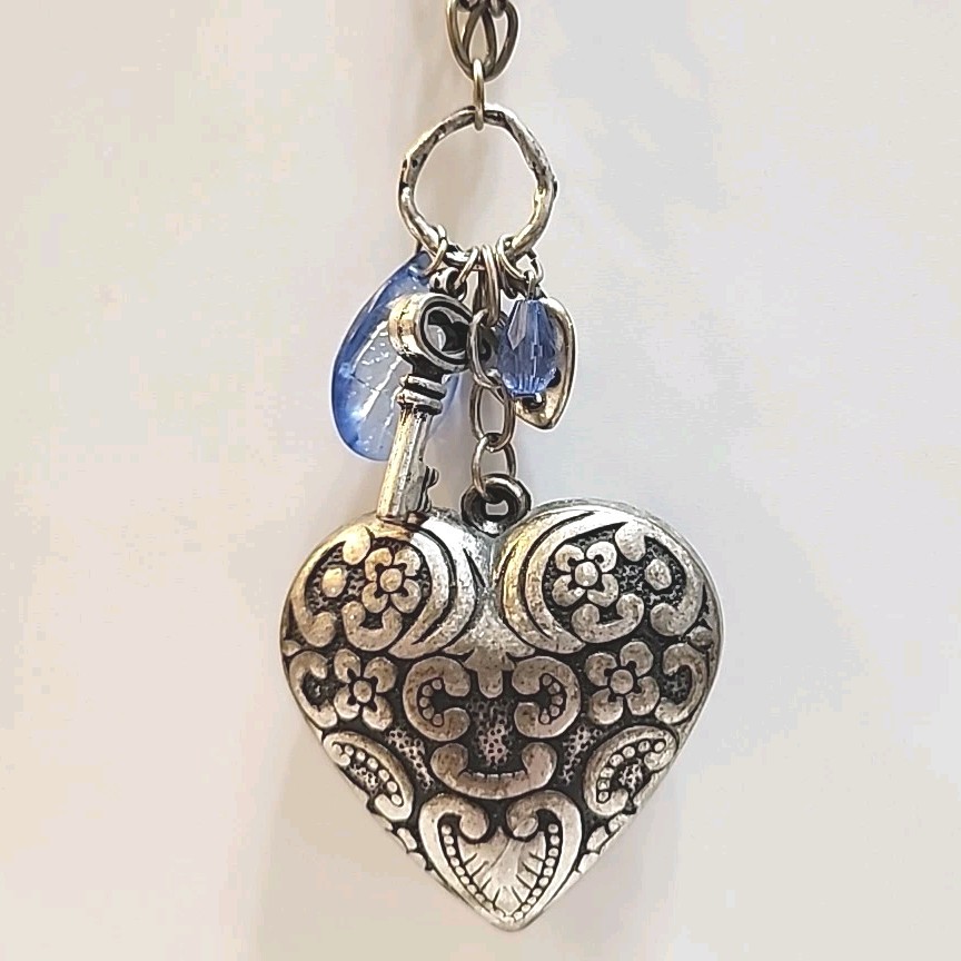 Vintage Style Silver Tone 12″ Necklace With Puffed Heart & Charms ~ Lobster Claw