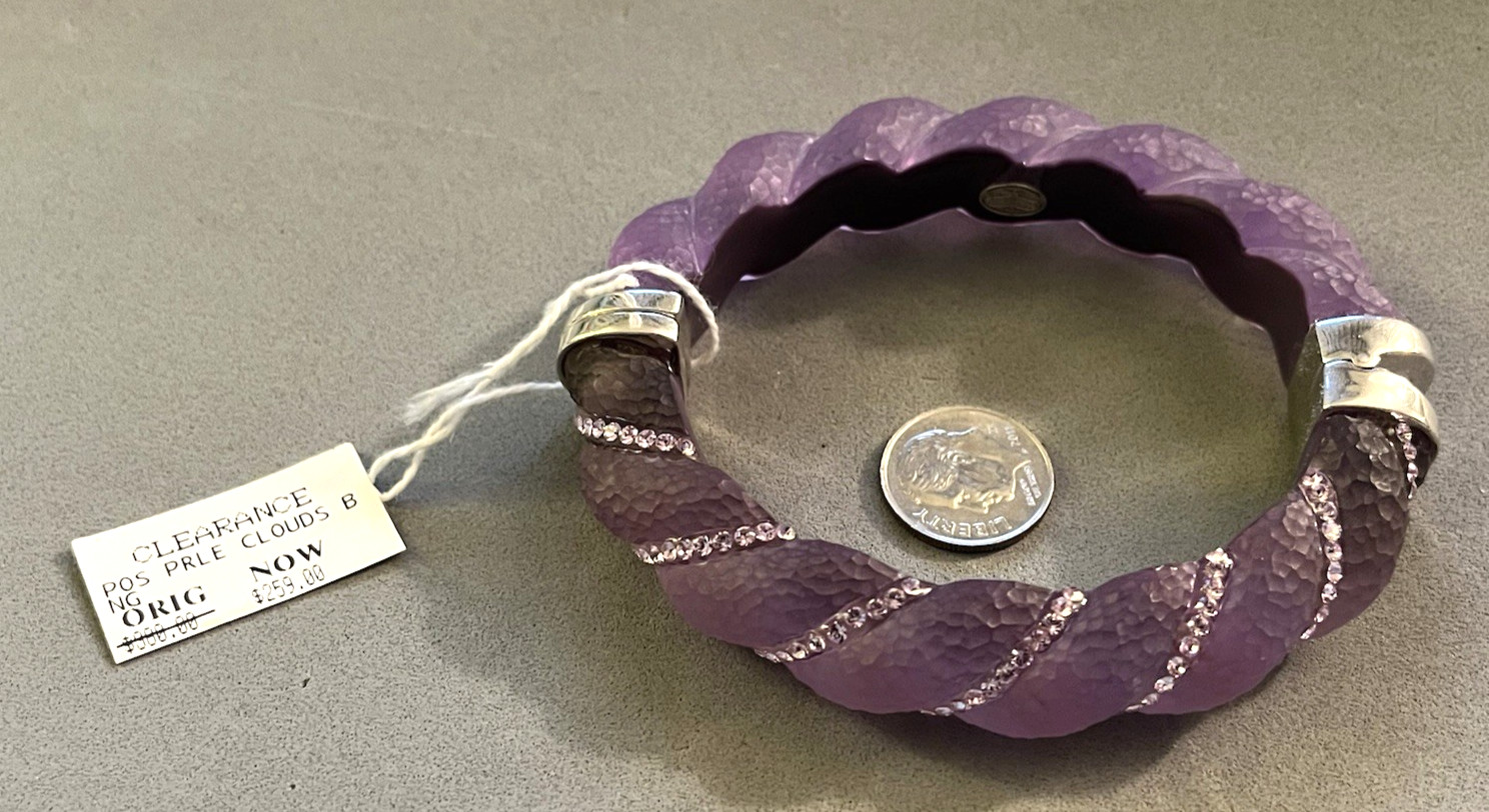 Rare SIS SIMONE I. SMITH Crystal Purple Lucite Sterling Hinged Bangle Bracelet