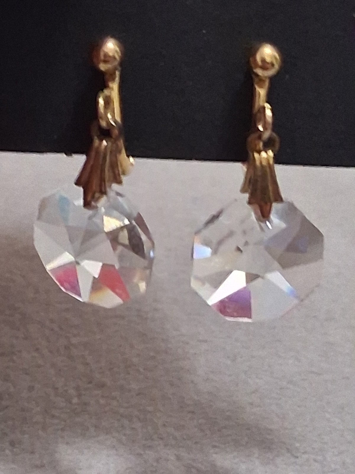 Gold filled faceted crystal dangle drop adjustable clip on earrings, geometric