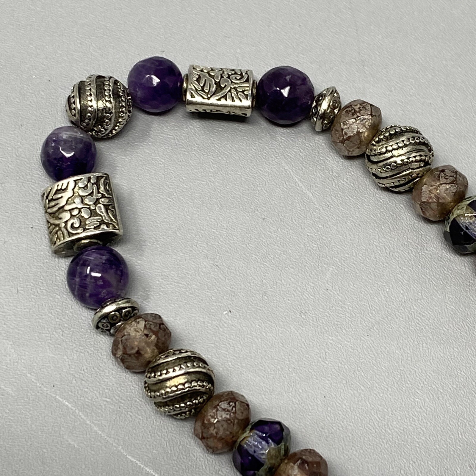 Amethyst Bracelet Purple Faceted Beads Picasso Czech Silver Tone Spacers Stretch