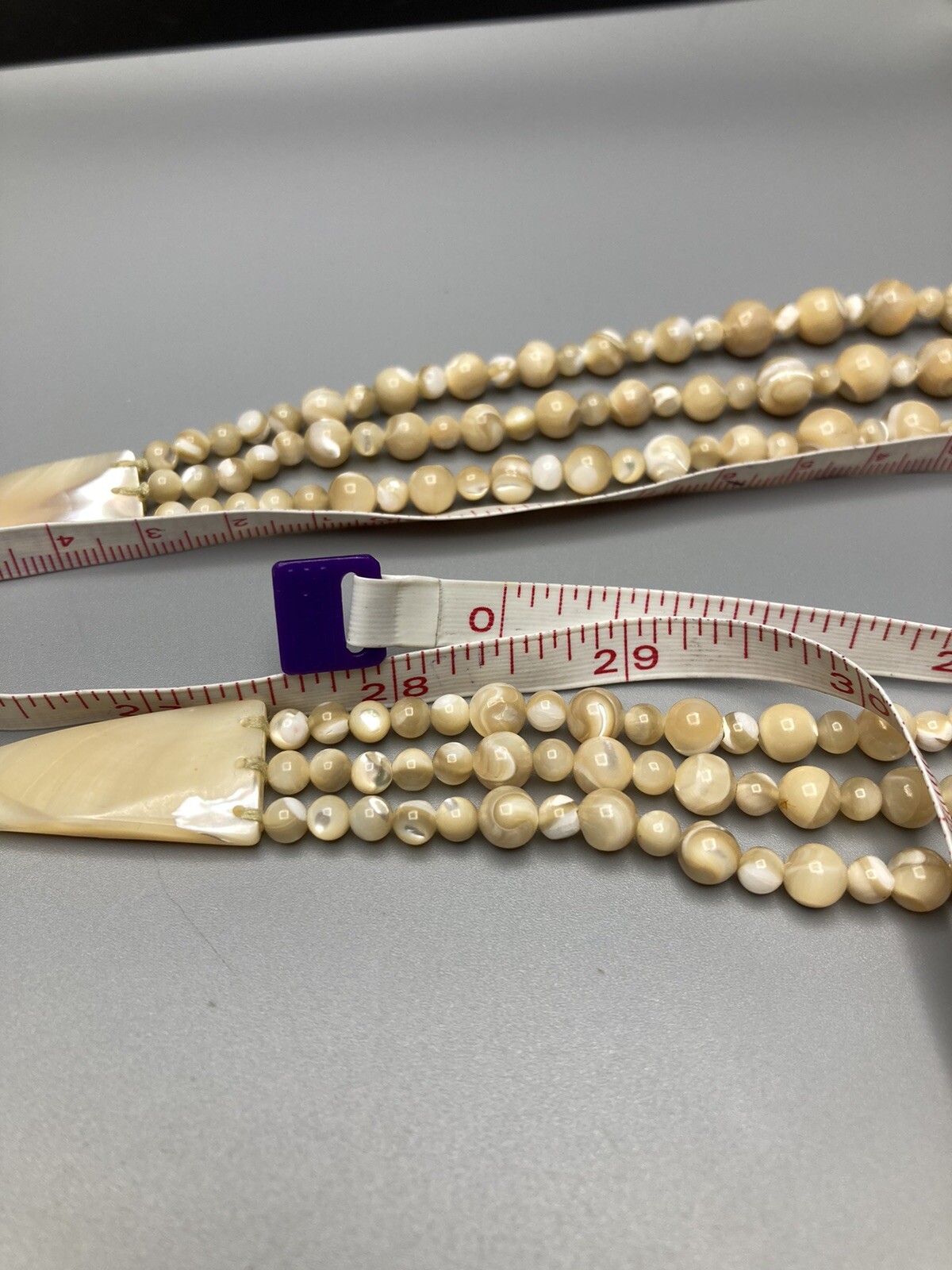 Mother of Pearl Necklace 3 Strand VTG Hand Knotted No Clasp 28.5in 97g 2” Drop