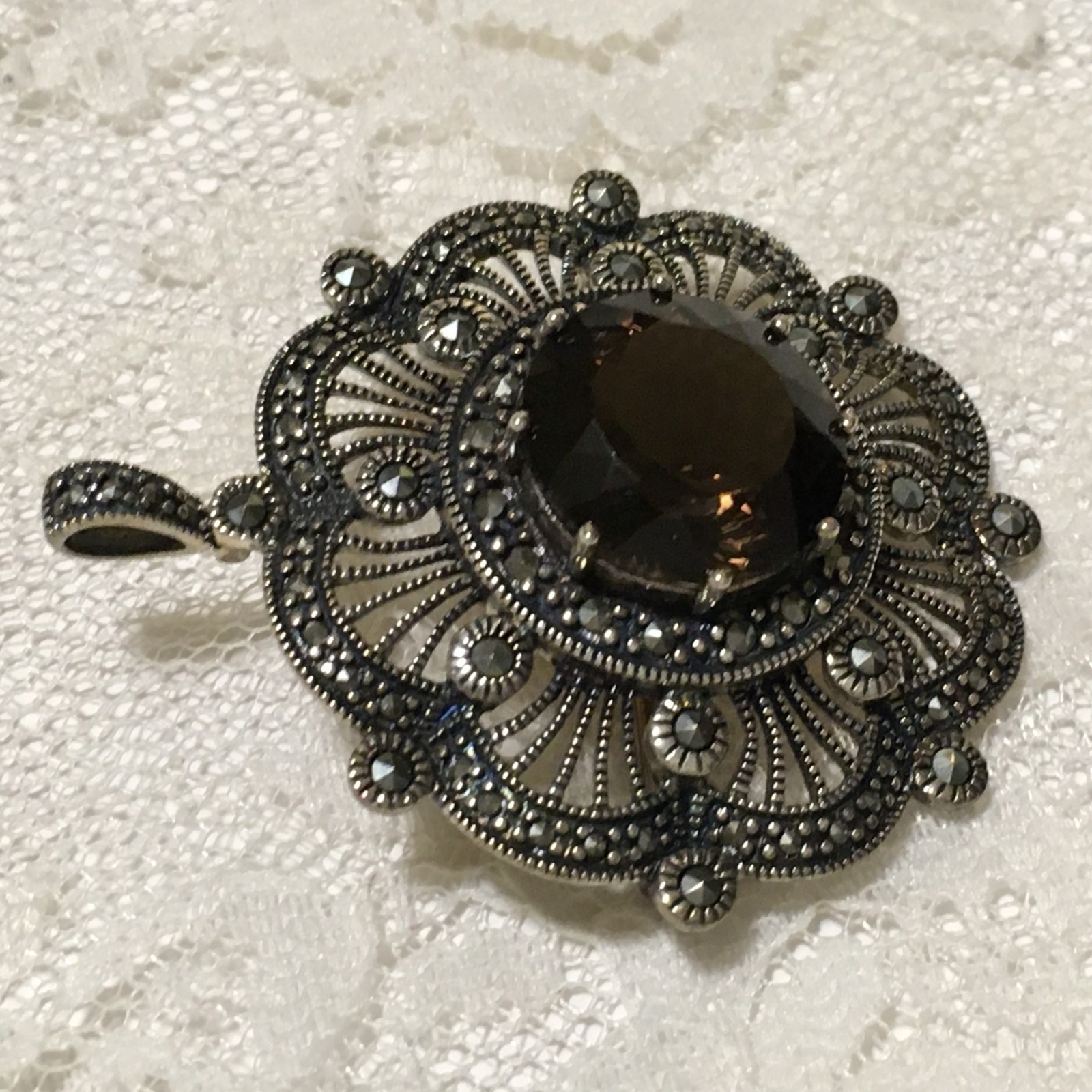 Suspicion QVC Sterling Silver 925 Pendant Brooch Smokey Quartz Art Deco style