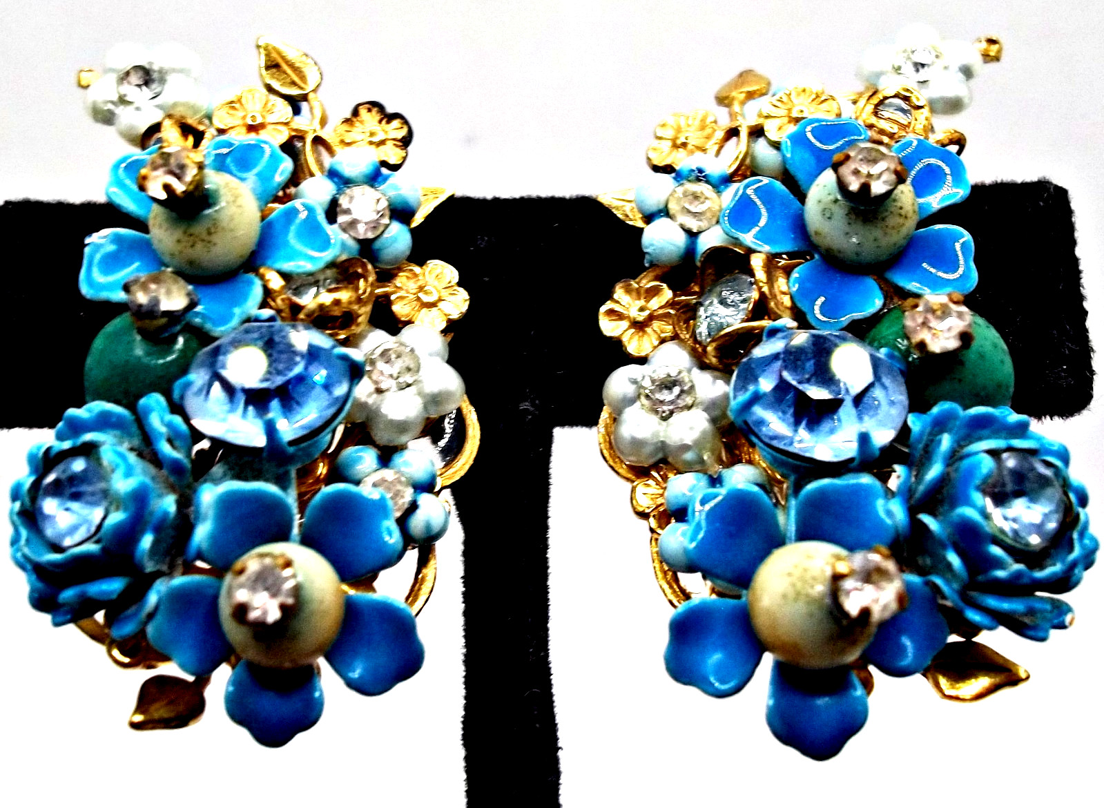 Vintage 50’s Blue Enamel Forget Me Not Pearl Rhinestone Earrings ROBERT DE MARIO