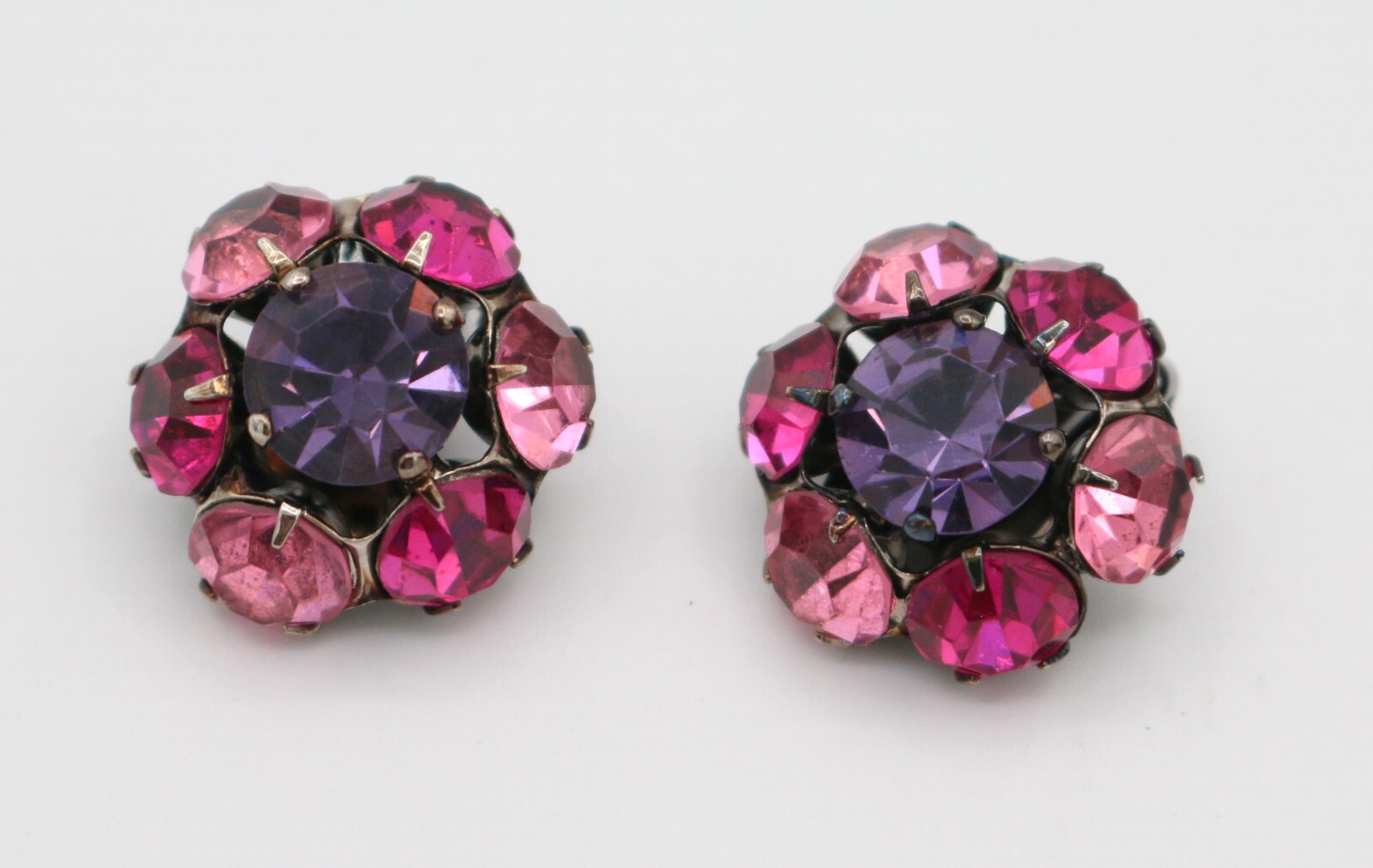 Lovely Vintage Pink & Purple Rhinestone Flower Shape Gunmetal Clip On Earrings