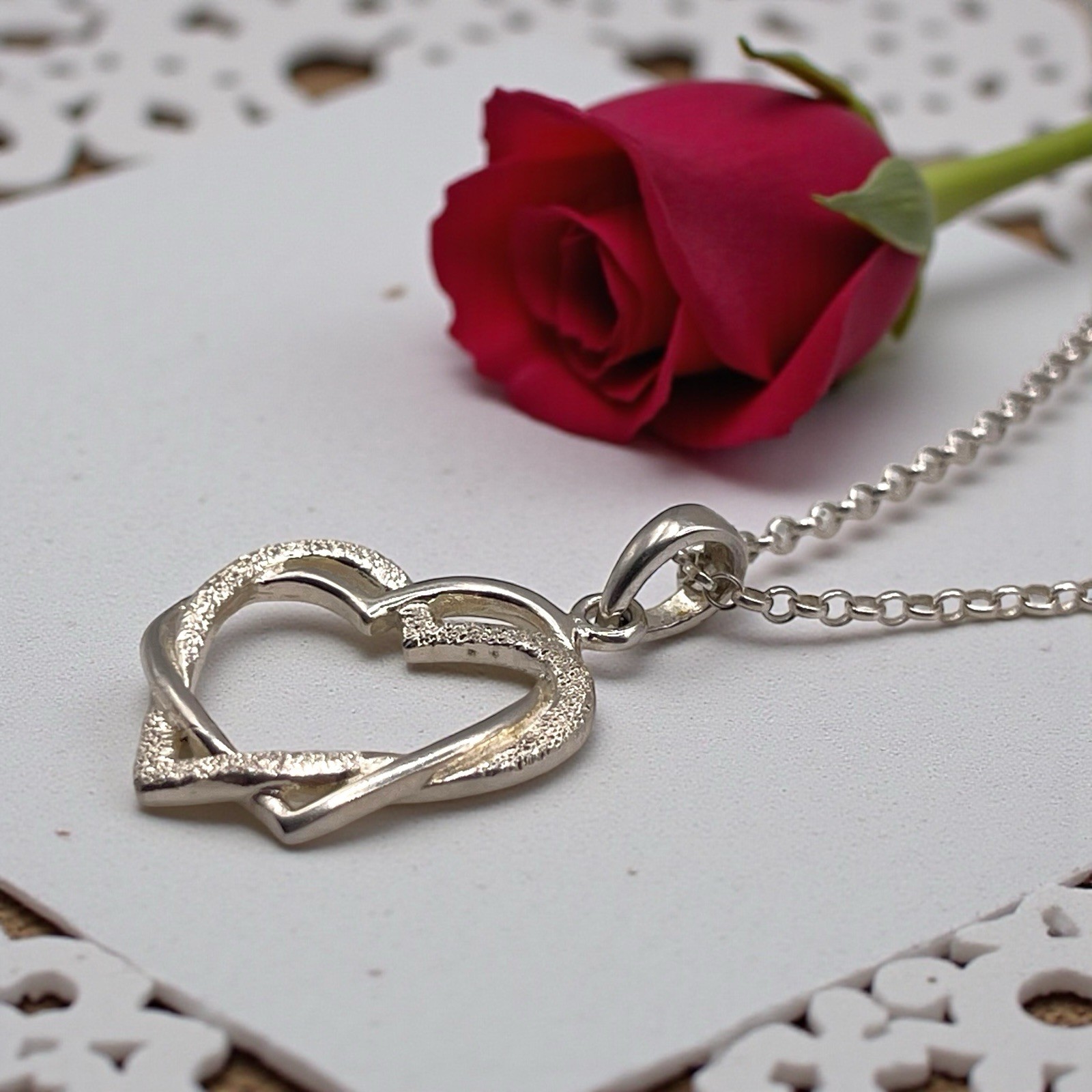 Italian 925 Sterling Double Interlocking Open Hearts Pendant Necklace, 18″