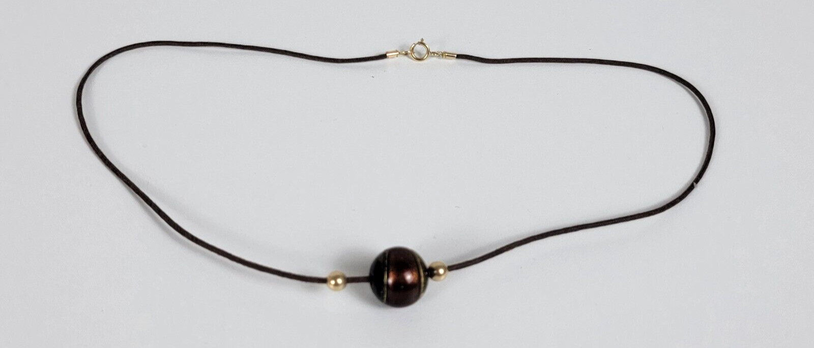 Vintage 14K Gold Millefiori Bead Charm Leather Cord Necklace 17.5 in Spring Ring