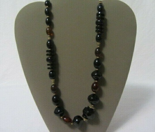 TRIFARI LUCITE GLASS BEADS BROWN & BLACK DIFFERENT SHAPES 28″ NECKLACE MARKED