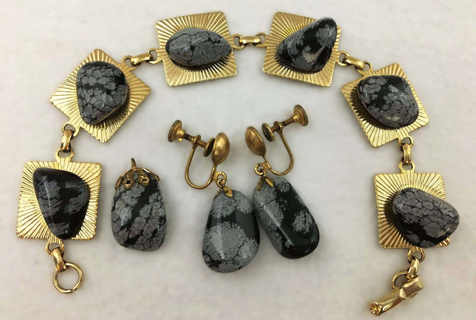 VTG 3 Piece Set GoldTone Polished Stone Bracelet Earrings Pendant Obsidian