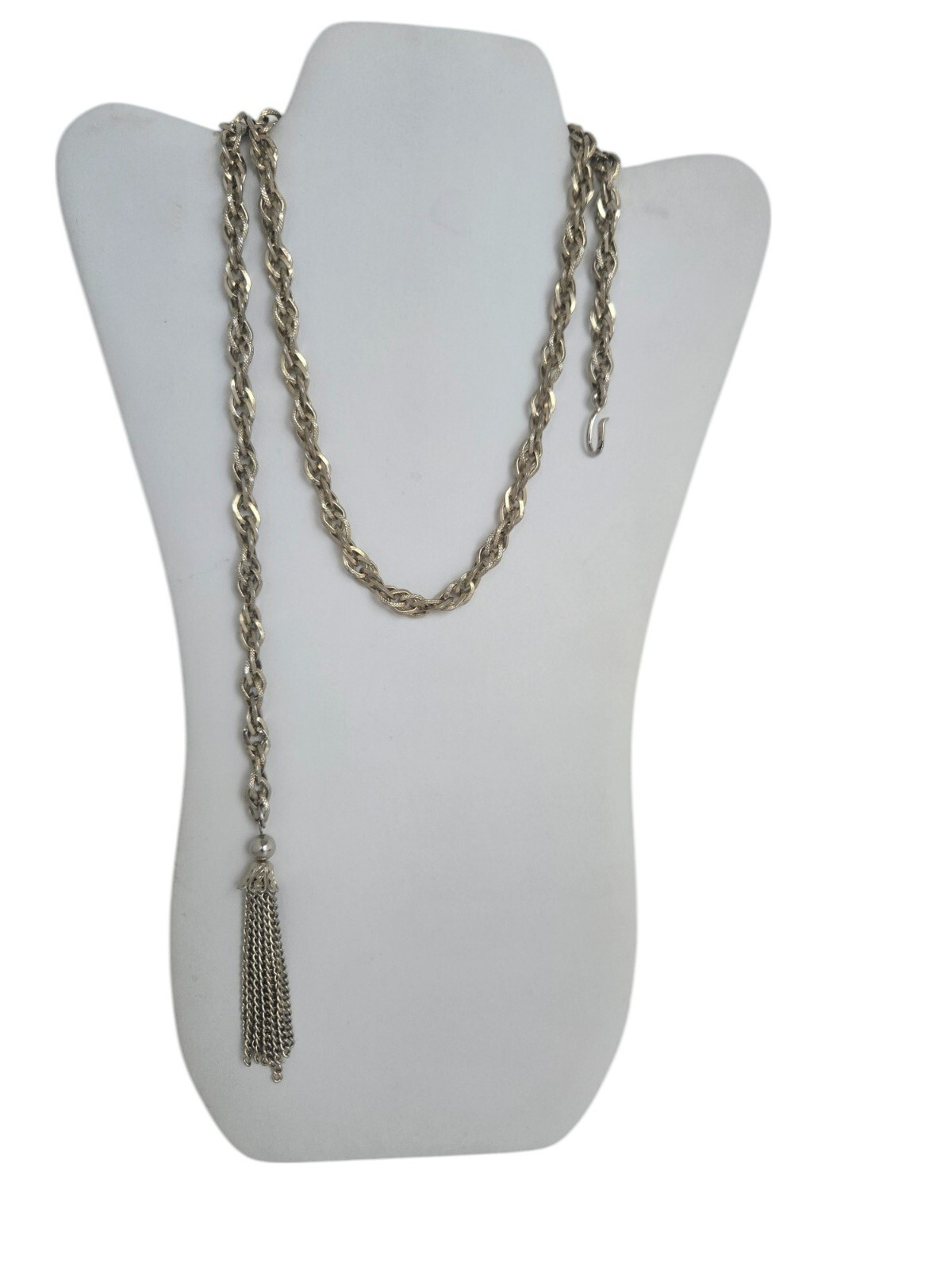 Vintage Gold Tone Textured Link 40″ Necklace w/ J Hook and Tassel