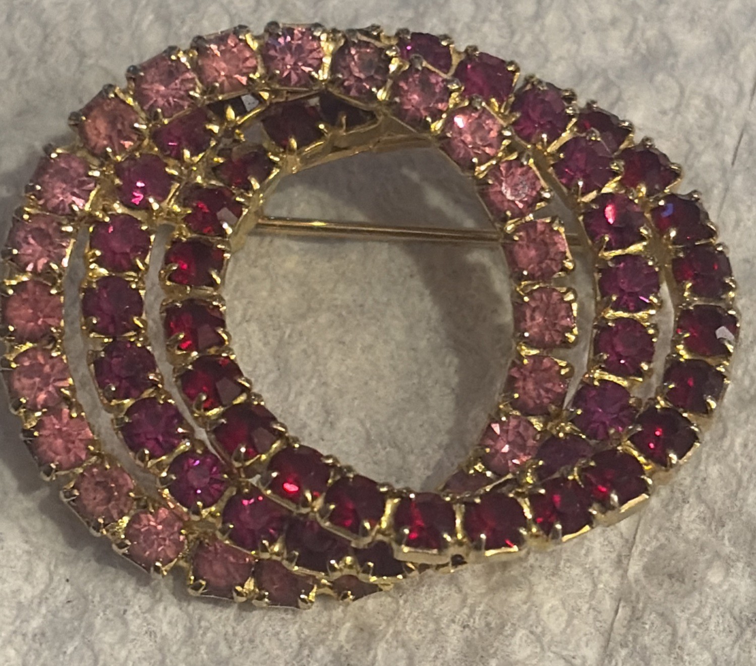 Pink/Purple/Red Rhinestone Triple Circle Brooch Pin Gold Plated, 1.5” L