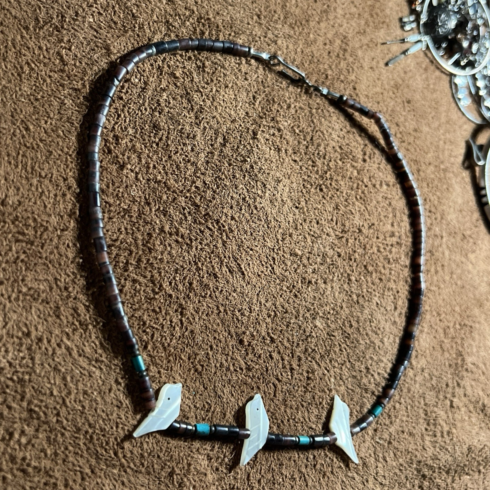 Native American Choker Necklace ~ MOP Bird Fetish Heishi Turquoise ~ 15.5” 7.6g