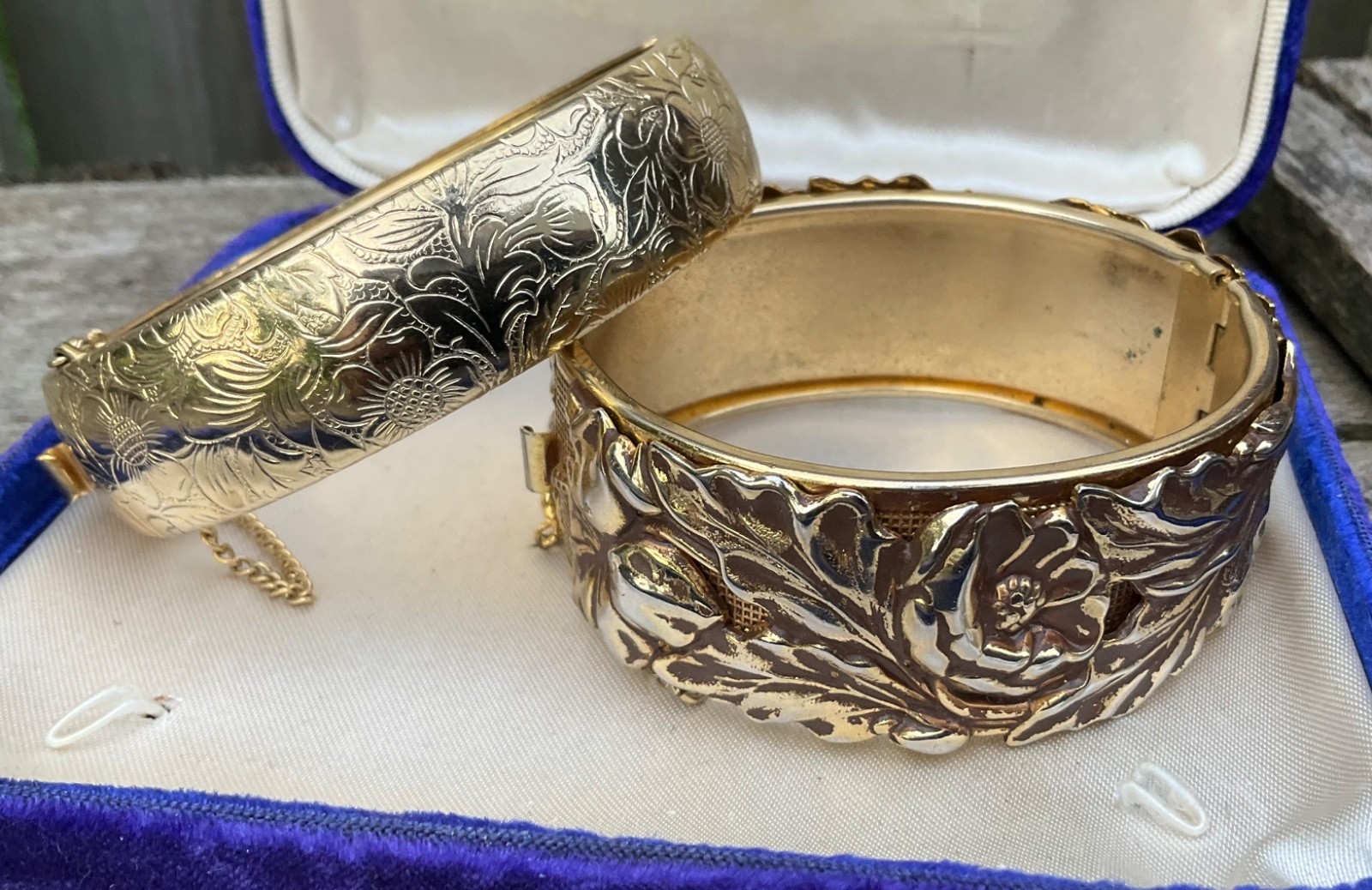 Vintage CUFF BANGLE BRACELETS Repousse Floral Nouveau Wide Gold Tone Finish
